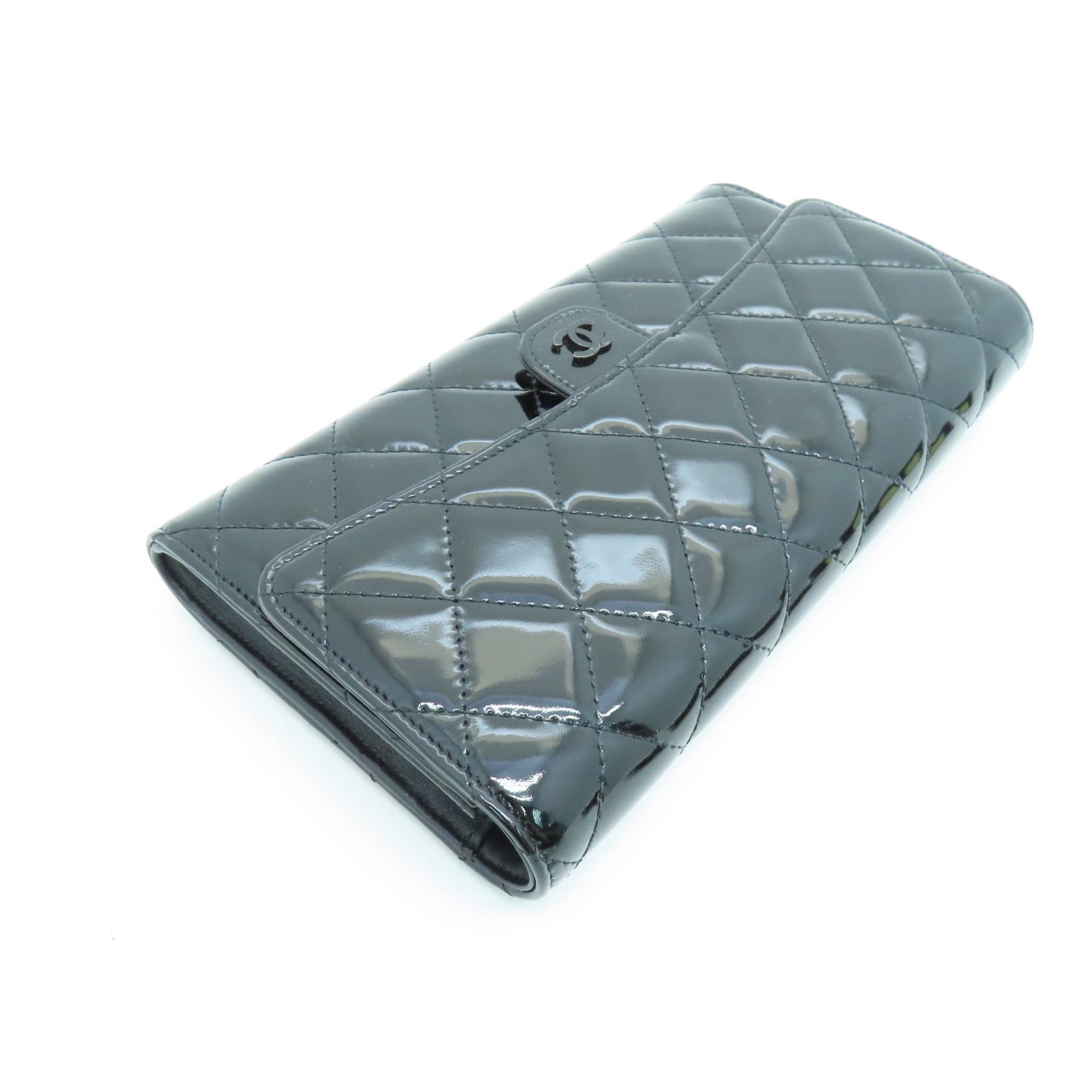 CHANEL 菱格漆皮皮革Long Wallet银扣长钱包黑色