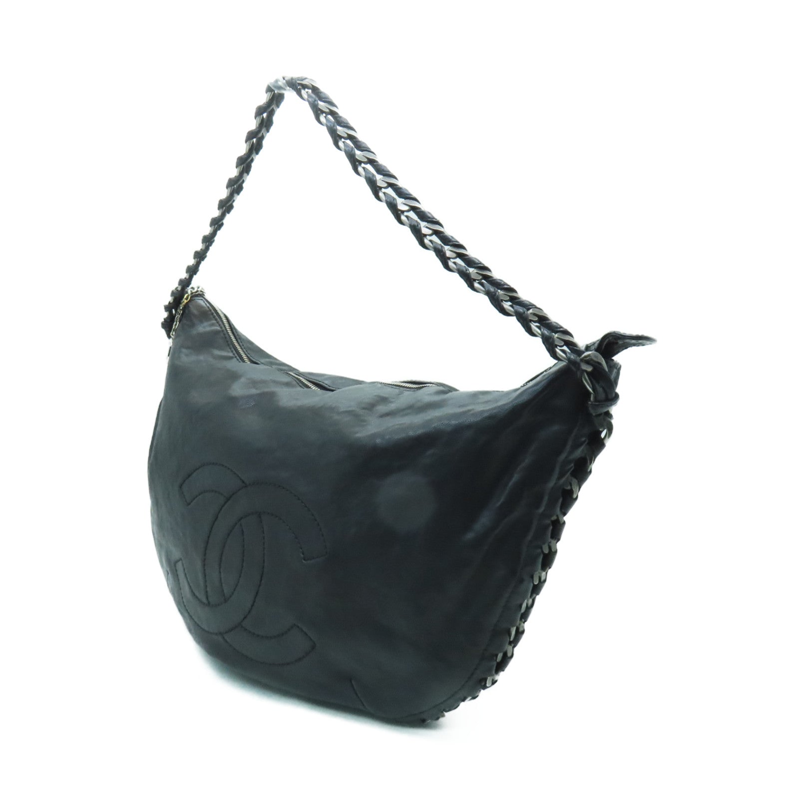 CHANEL 牛皮皮革Chain Shoulder Bag銀扣鏈帶肩背袋黒色