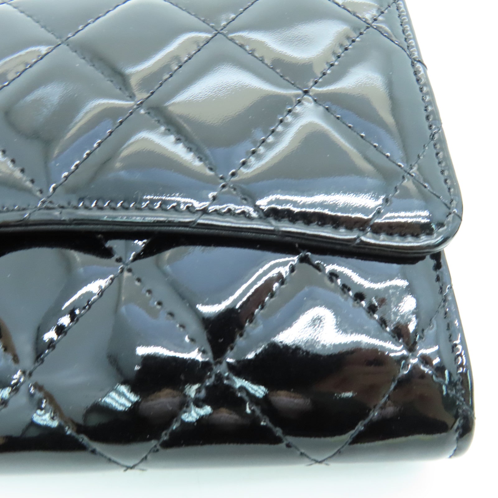 CHANEL 菱格漆皮皮革Long Wallet银扣长钱包黑色