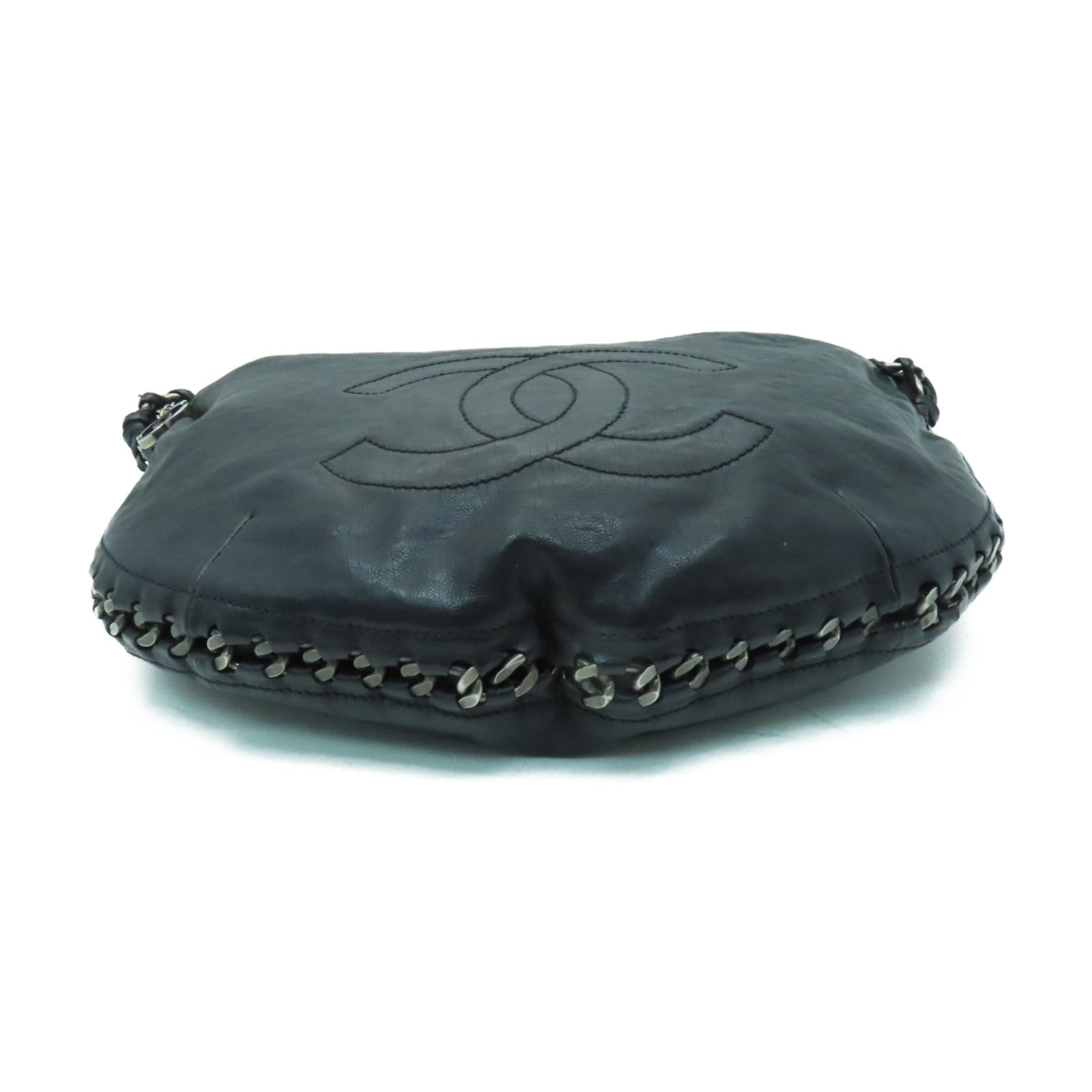 CHANEL 牛皮皮革Chain Shoulder Bag銀扣鏈帶肩背袋黒色