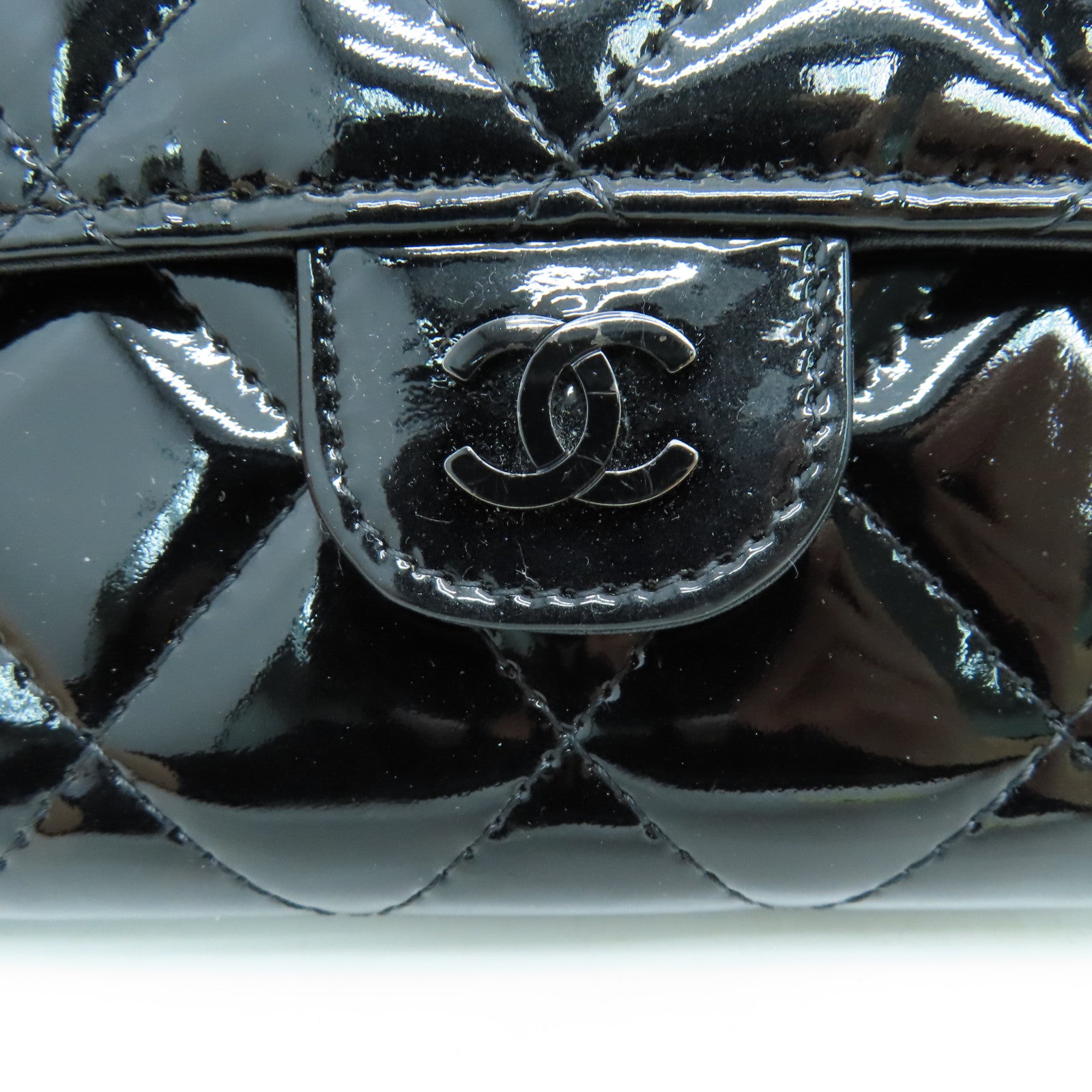 CHANEL 菱格漆皮皮革Long Wallet银扣长钱包黑色