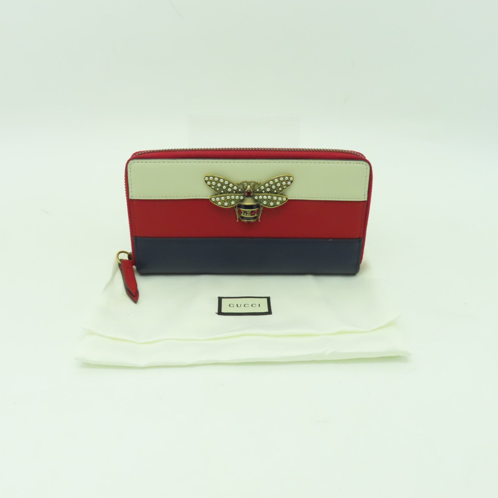 GUCCI 牛皮皮革Queen Margaret Zip Wallet金扣長錢包紅色/深藍色/白色