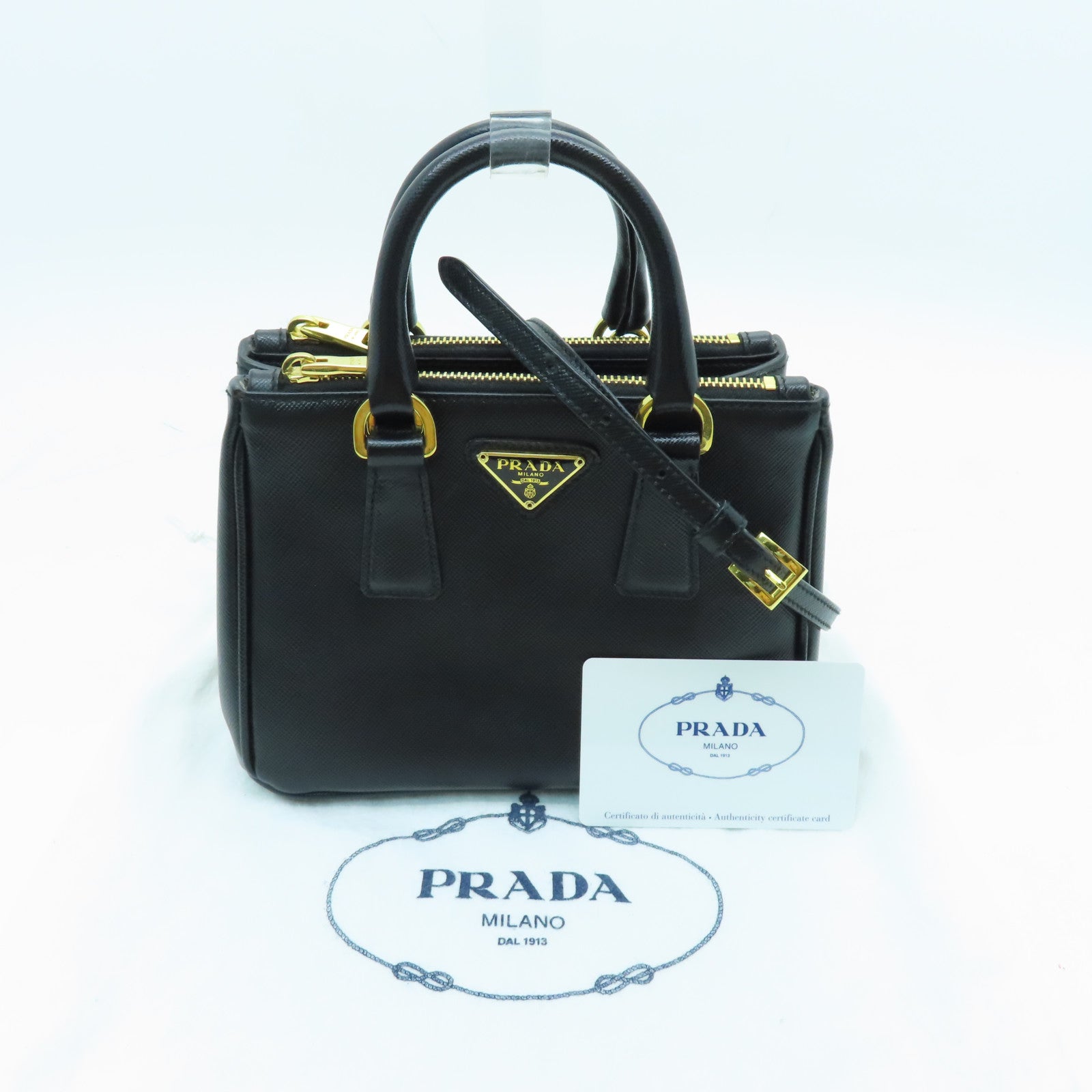 PRADA Cowhide Leather Saffiano Lux Gold Buckle Handle Shoulder Bag Black