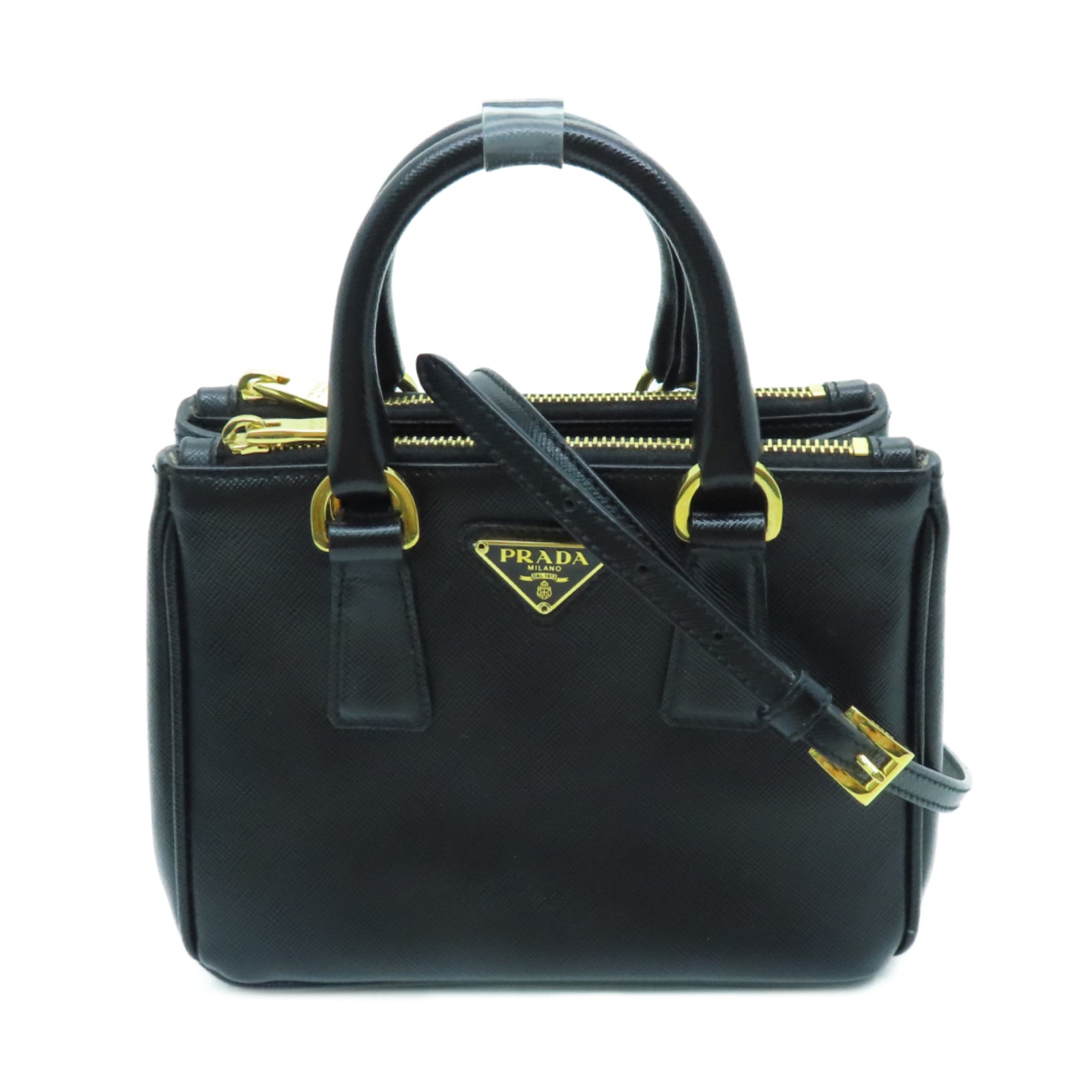 PRADA Cowhide Leather Saffiano Lux Gold Buckle Handle Shoulder Bag Black
