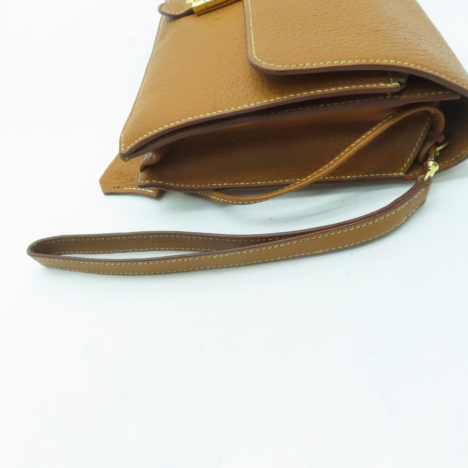 HERMES 【激減優惠】牛皮皮革Jet Pochette金扣手挽袋啡色