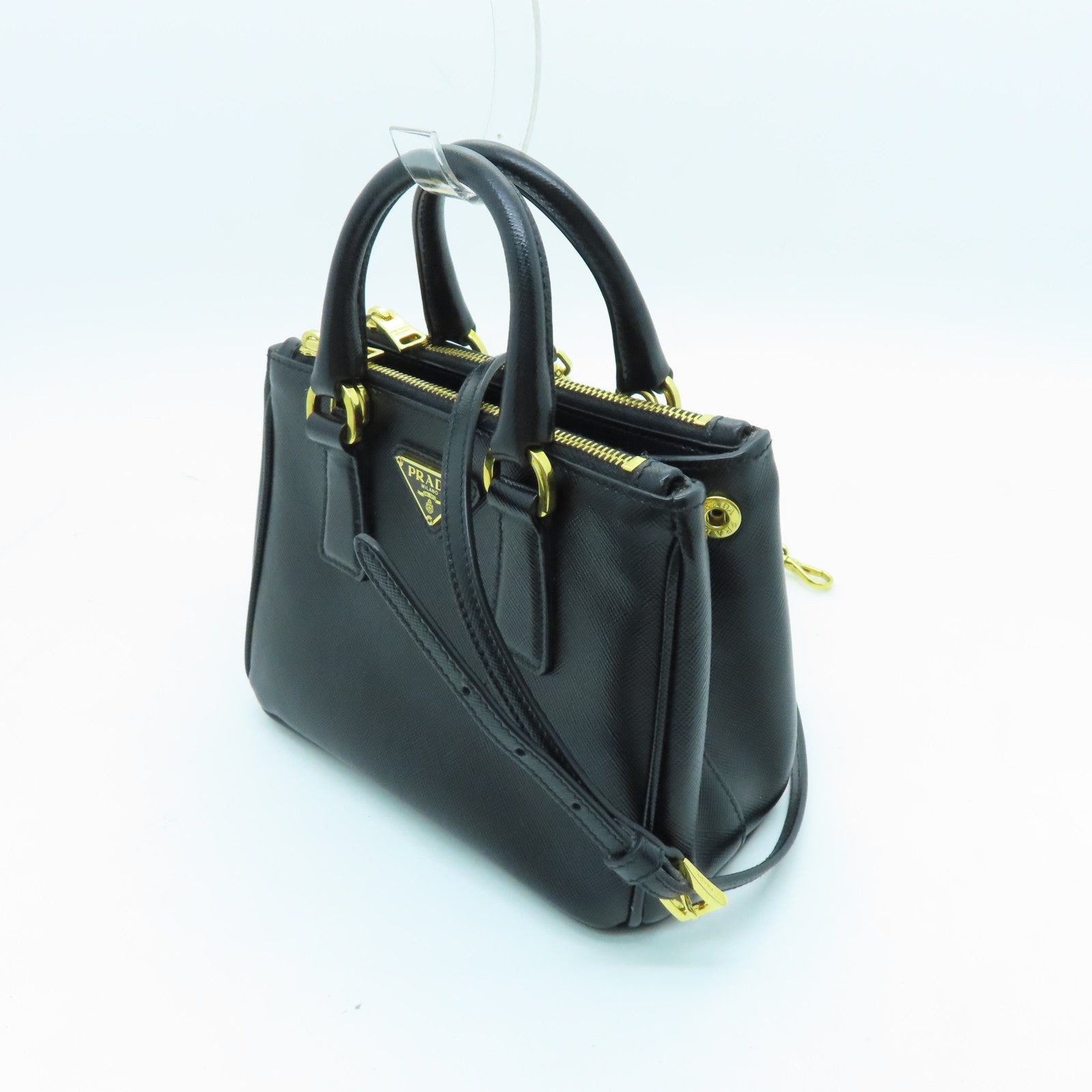 PRADA Cowhide Leather Saffiano Lux Gold Buckle Handle Shoulder Bag Black