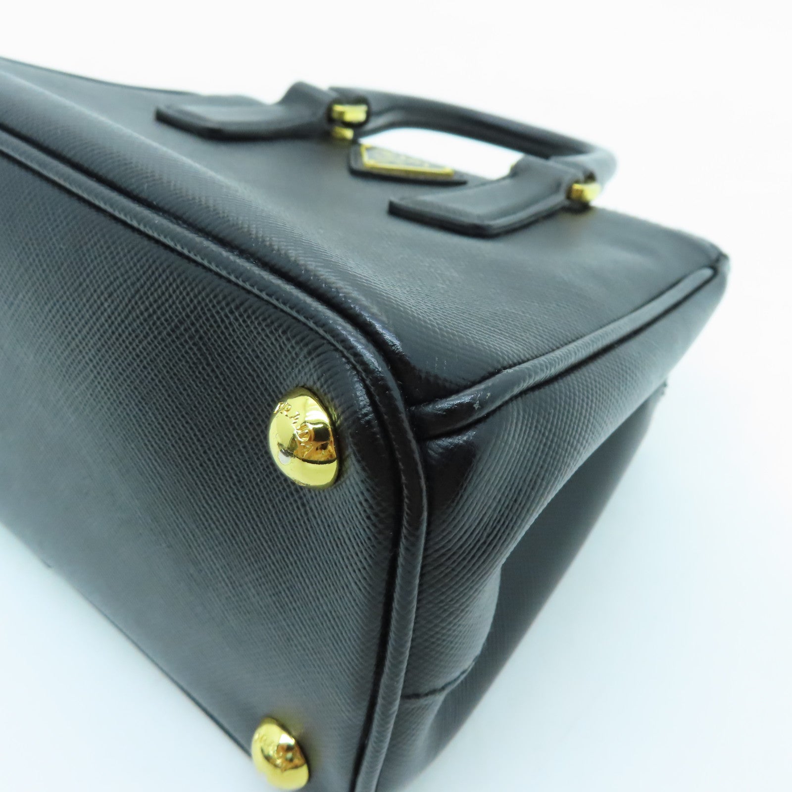PRADA Cowhide Leather Saffiano Lux Gold Buckle Handle Shoulder Bag Black