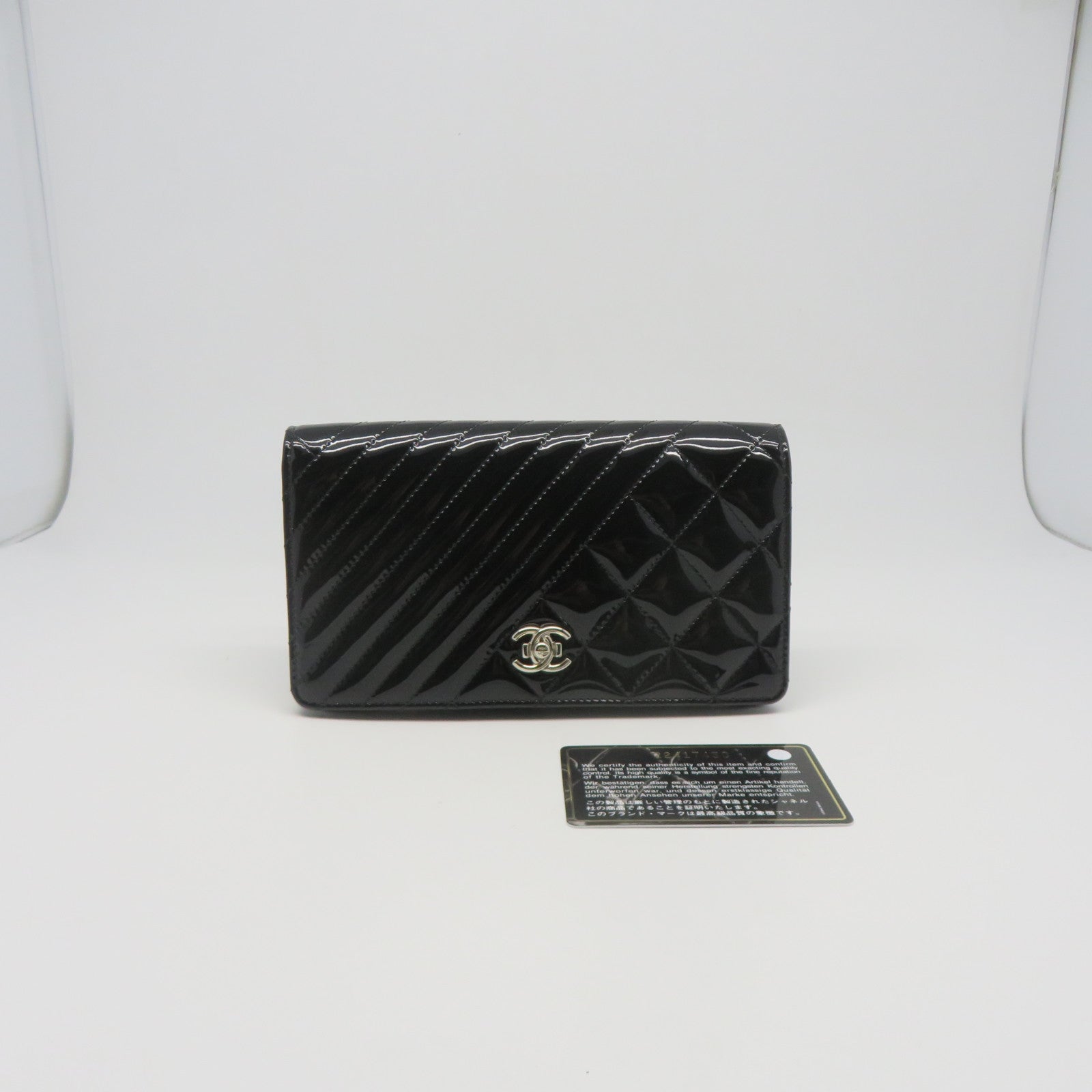 CHANEL 菱格斜紋漆皮牛皮皮革Long wallet銀扣長錢包黑色