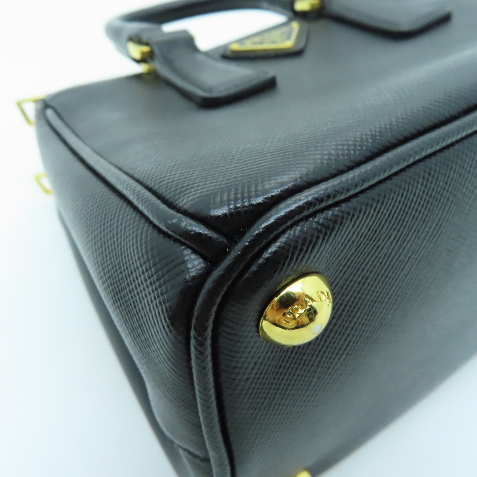 PRADA Cowhide Leather Saffiano Lux Gold Buckle Handle Shoulder Bag Black