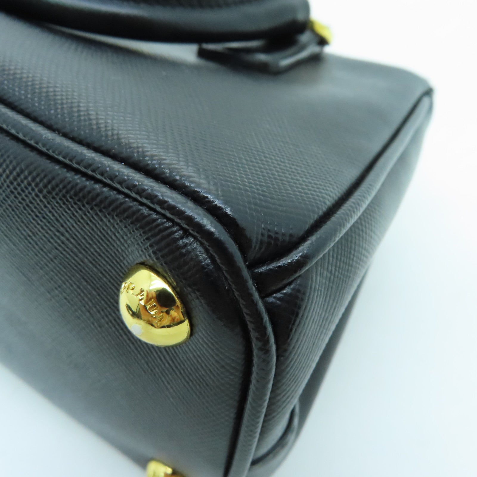 PRADA Cowhide Leather Saffiano Lux Gold Buckle Handle Shoulder Bag Black