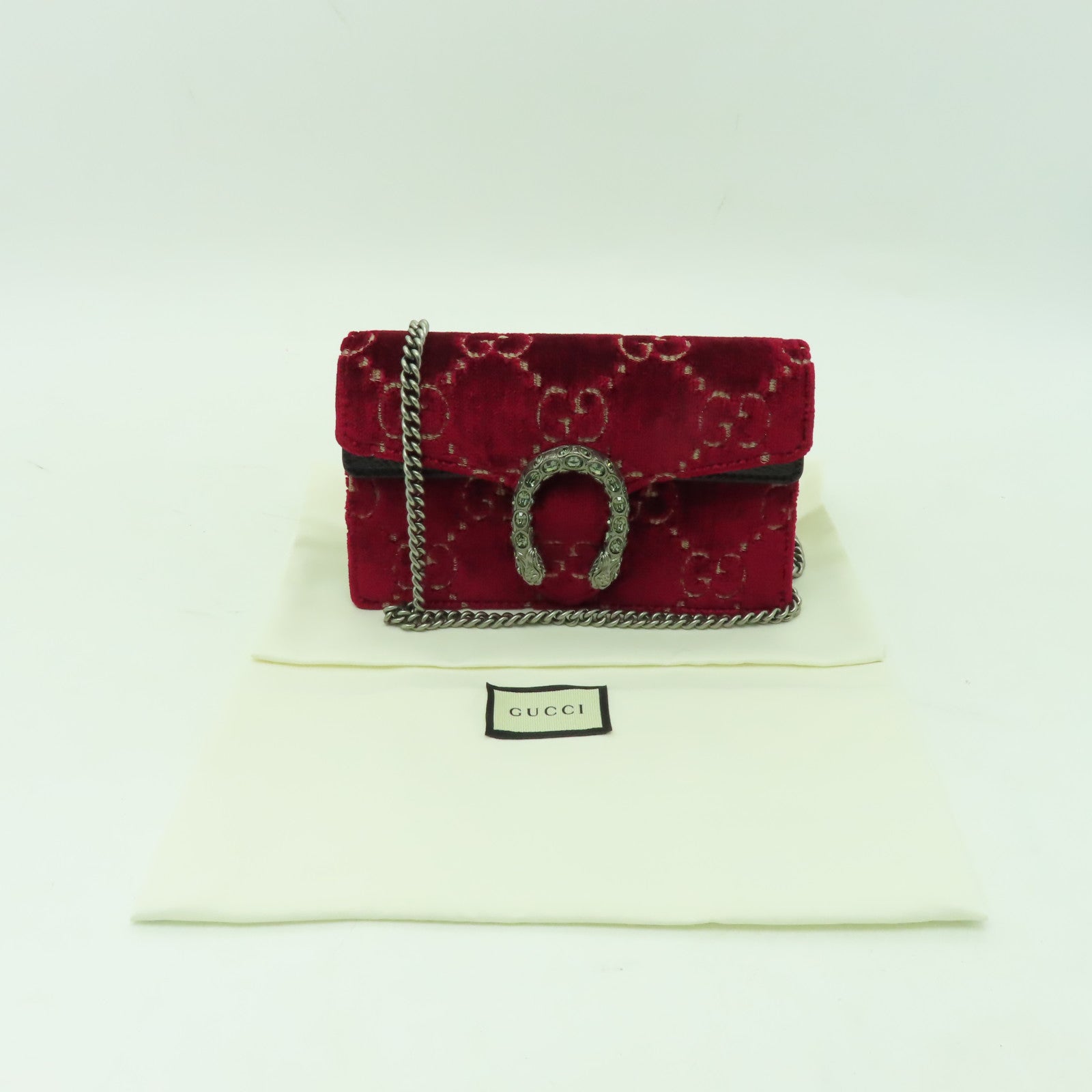 GUCCI 天鵝絨Dionysus Supreme Mini銀扣鏈帶肩背袋紅色