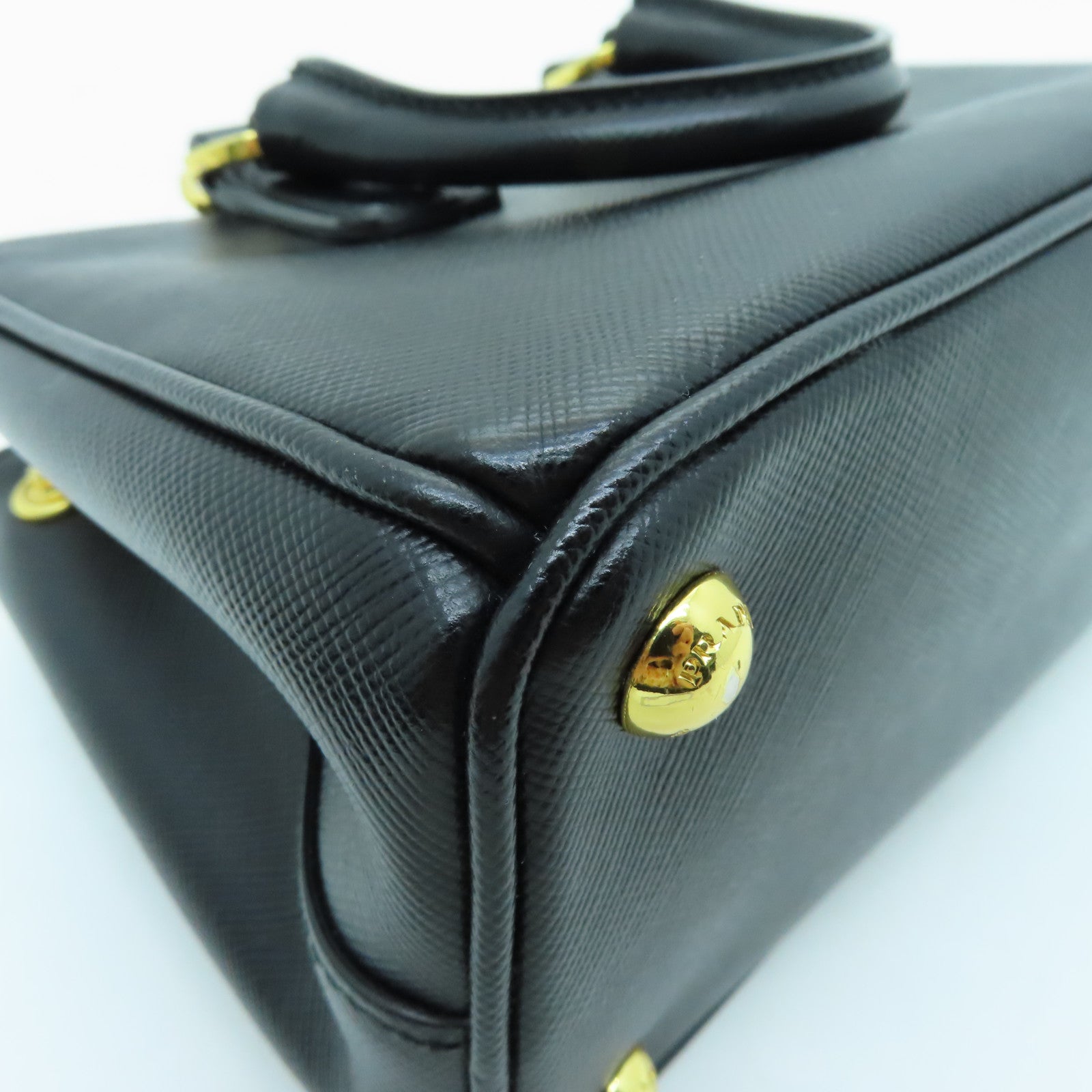 PRADA Cowhide Leather Saffiano Lux Gold Buckle Handle Shoulder Bag Black