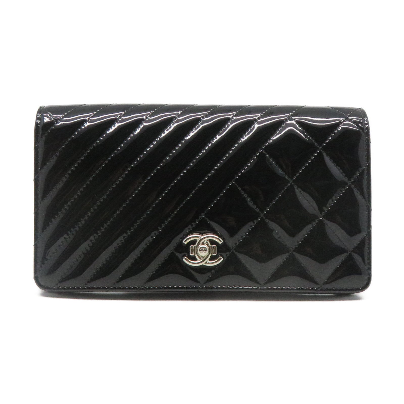 CHANEL 菱格斜紋漆皮牛皮皮革Long wallet銀扣長錢包黑色
