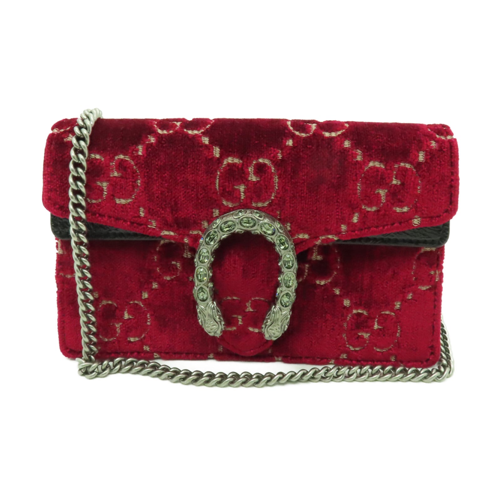 GUCCI 天鵝絨Dionysus Supreme Mini銀扣鏈帶肩背袋紅色