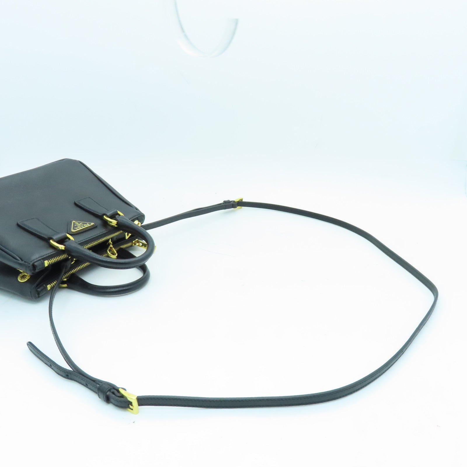 PRADA Cowhide Leather Saffiano Lux Gold Buckle Handle Shoulder Bag Black