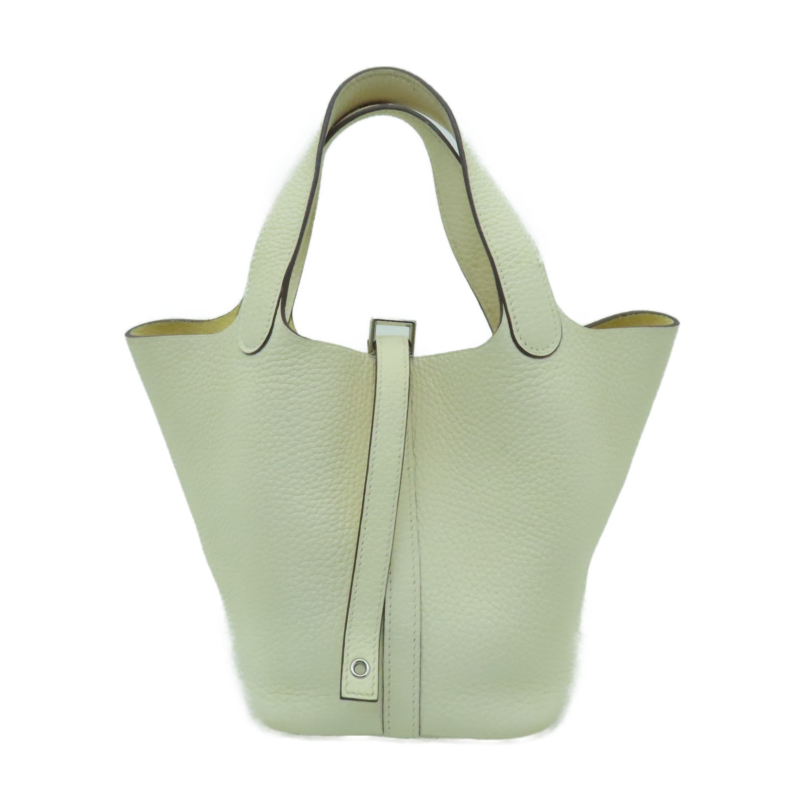 HERMES Clemence Leather Picotin PM Silver Button Handle Bag White