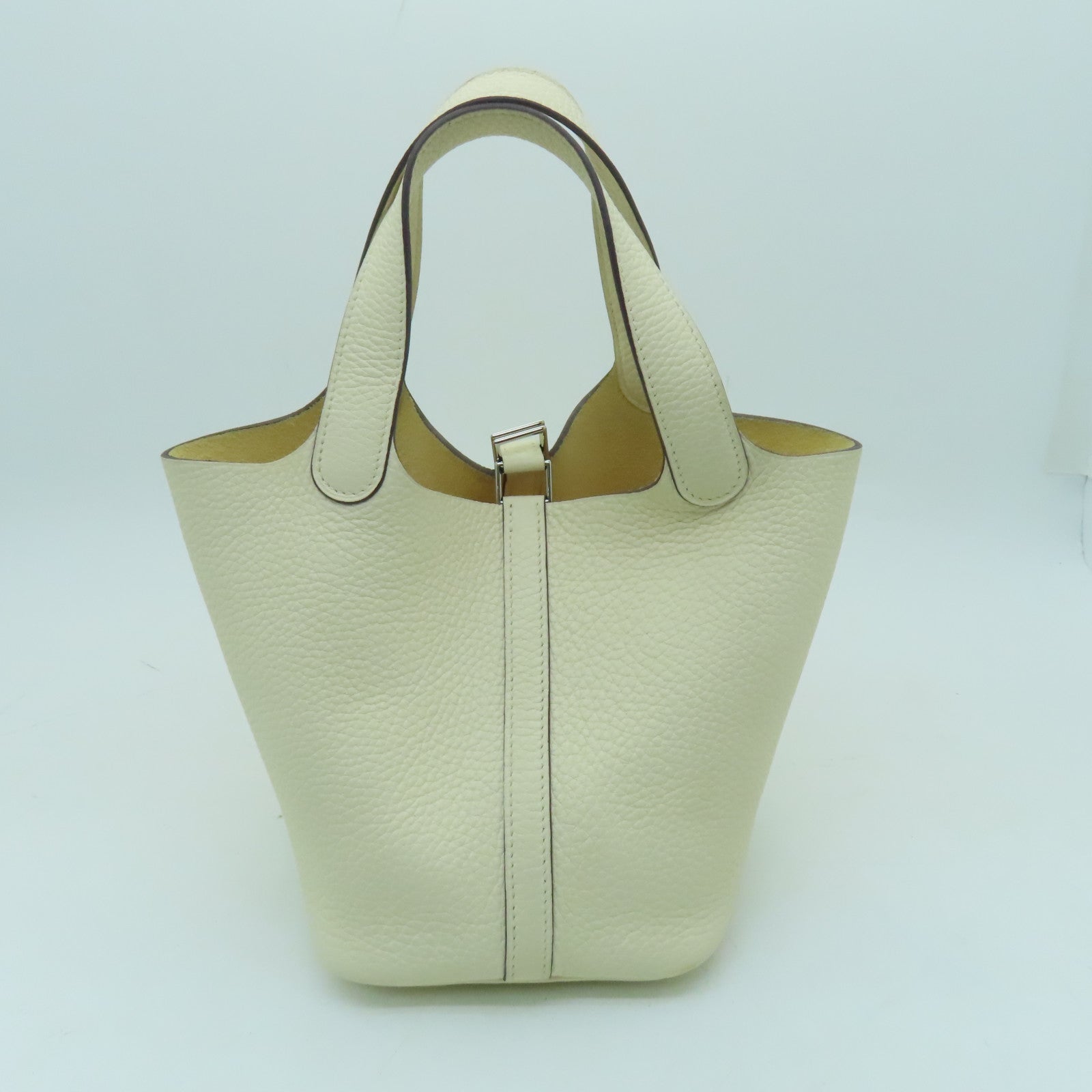 HERMES Clemence Leather Picotin PM Silver Button Handle Bag White
