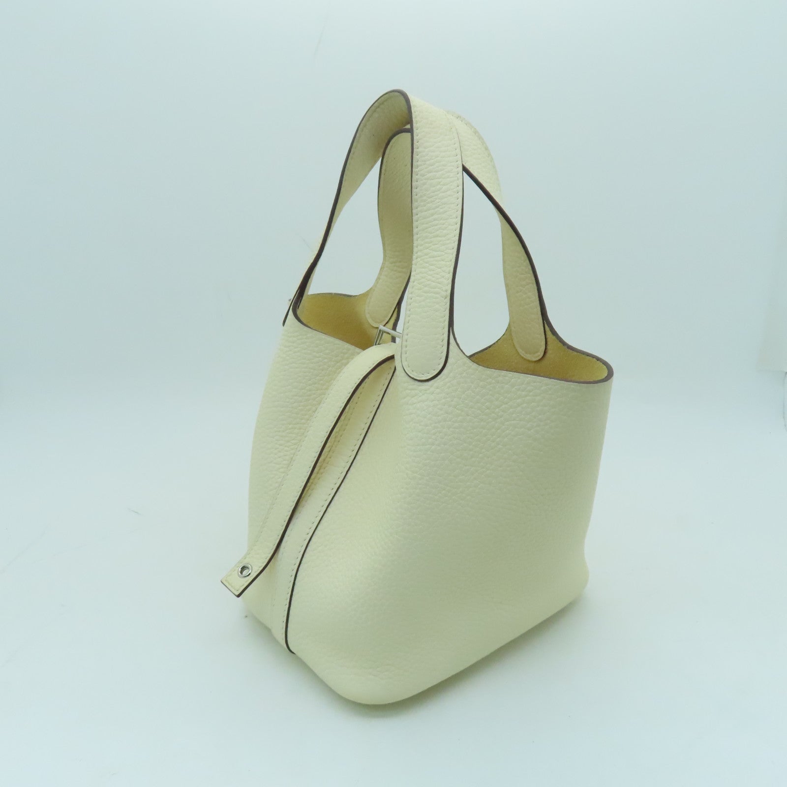 HERMES Clemence Leather Picotin PM Silver Button Handle Bag White