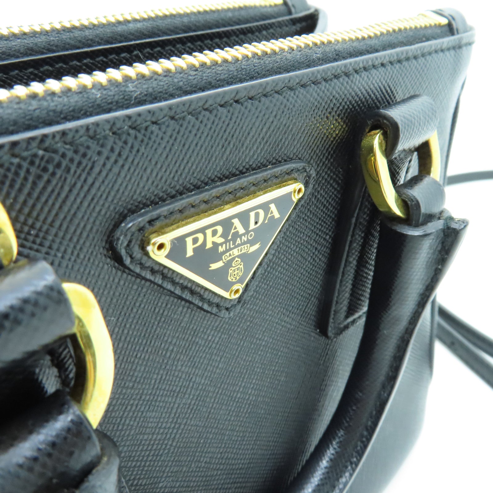 PRADA Cowhide Leather Saffiano Lux Gold Buckle Handle Shoulder Bag Black