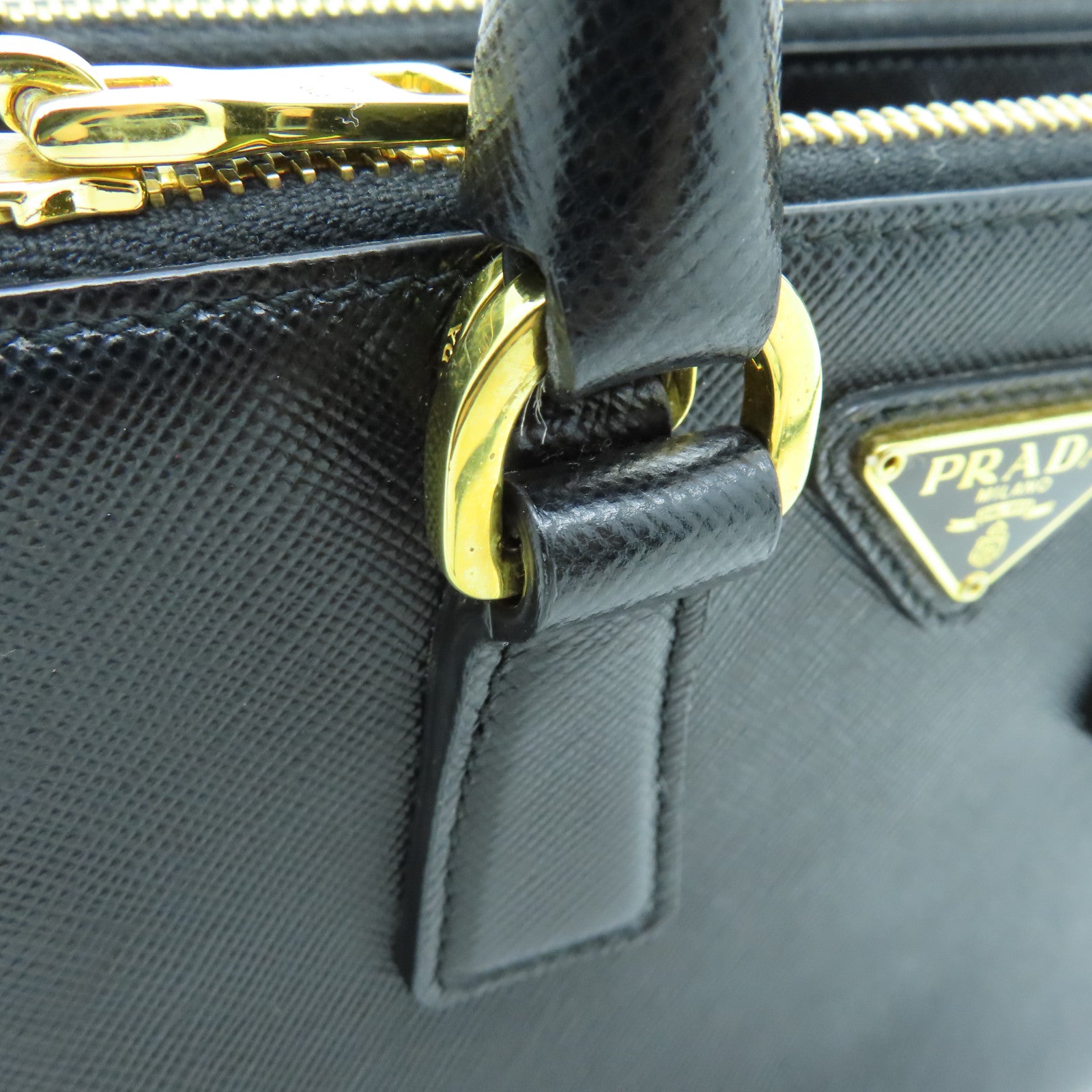 PRADA Cowhide Leather Saffiano Lux Gold Buckle Handle Shoulder Bag Black