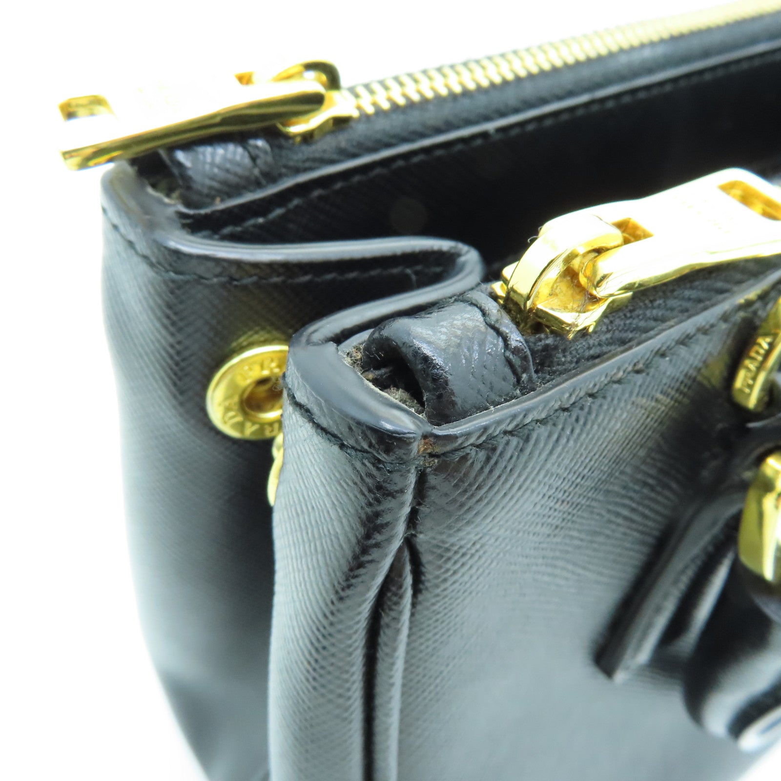 PRADA Cowhide Leather Saffiano Lux Gold Buckle Handle Shoulder Bag Black