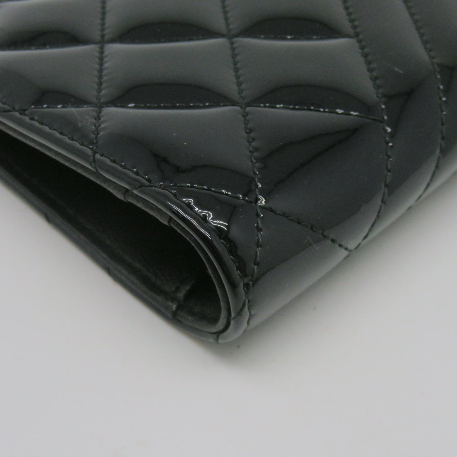 CHANEL 菱格斜紋漆皮牛皮皮革Long wallet銀扣長錢包黑色