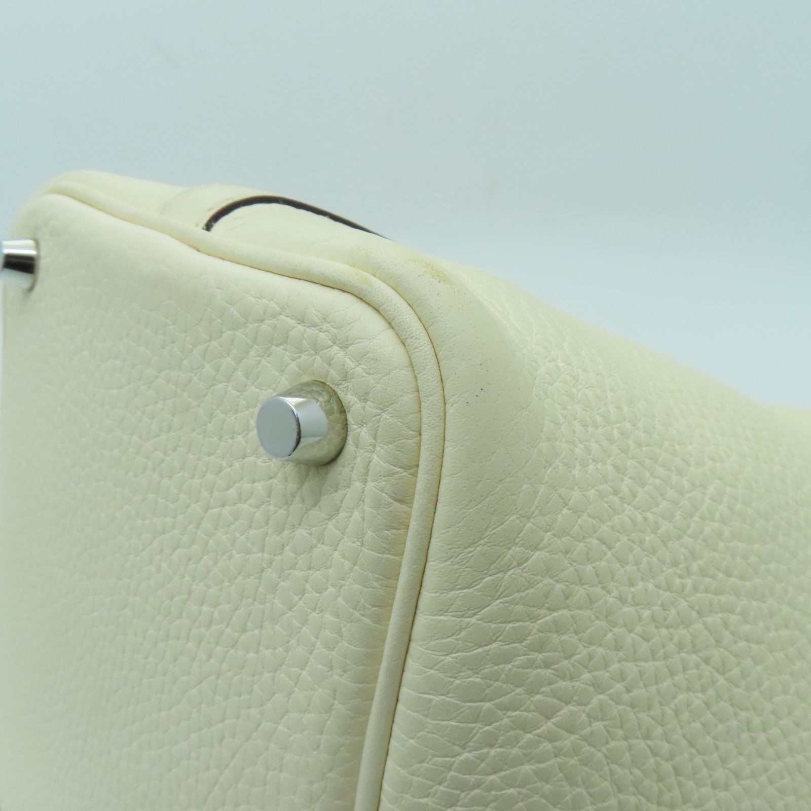 HERMES Clemence Leather Picotin PM Silver Button Handle Bag White