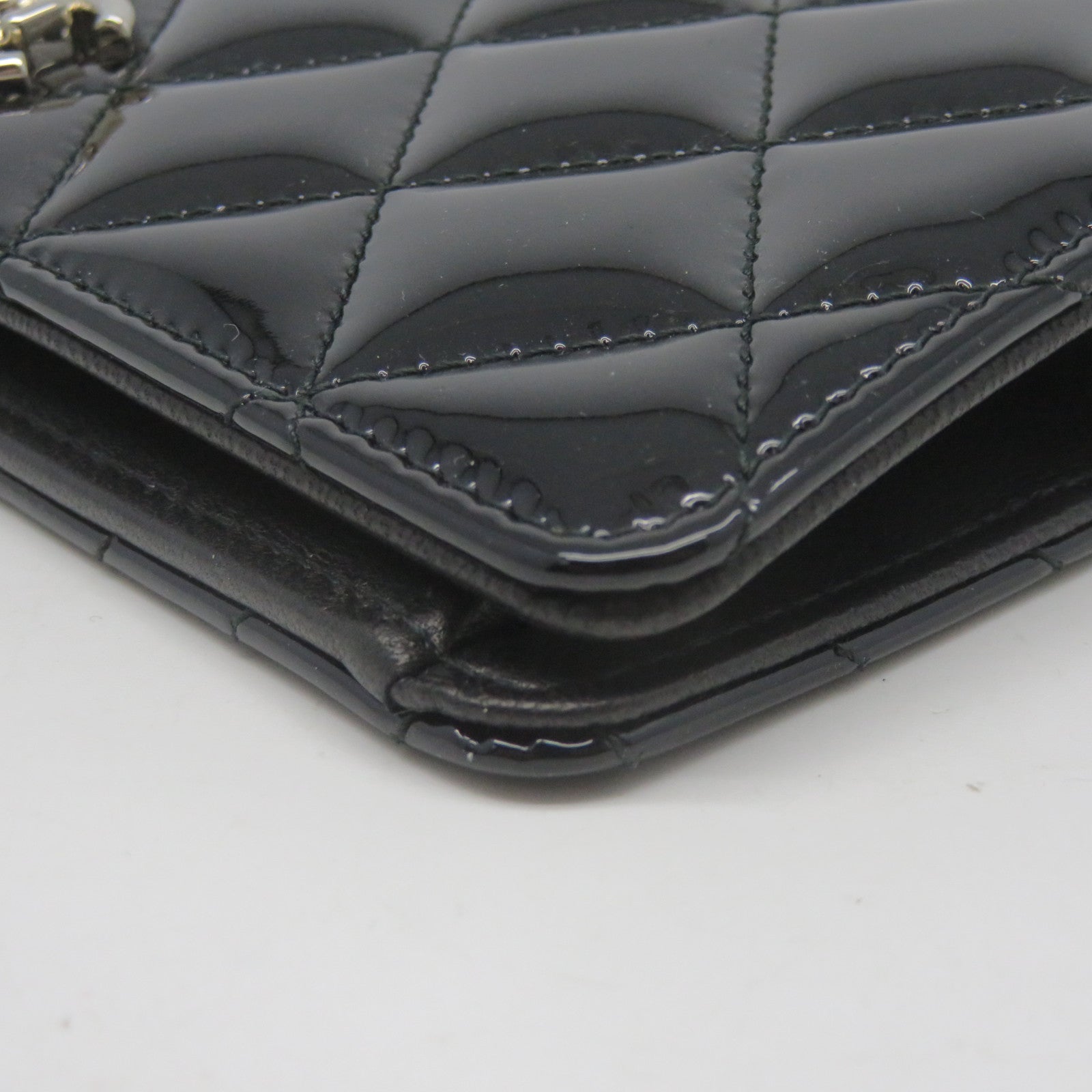 CHANEL 菱格斜紋漆皮牛皮皮革Long wallet銀扣長錢包黑色