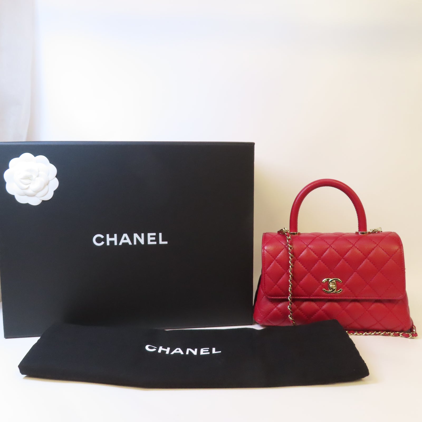 CHANEL 菱格Caviar皮革Small CoCo Handle金扣鏈帶手挽肩背兩用袋紅色