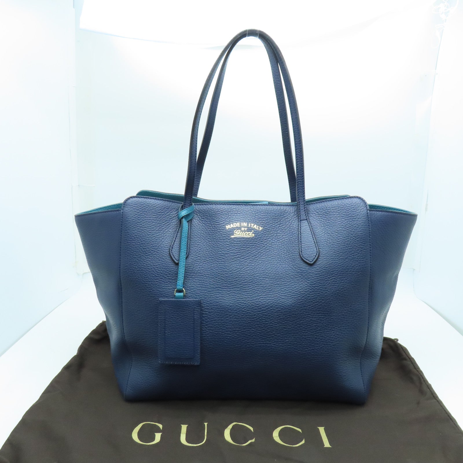 GUCCI Leather Shoulder Bag Gold Buckle Blue/Green