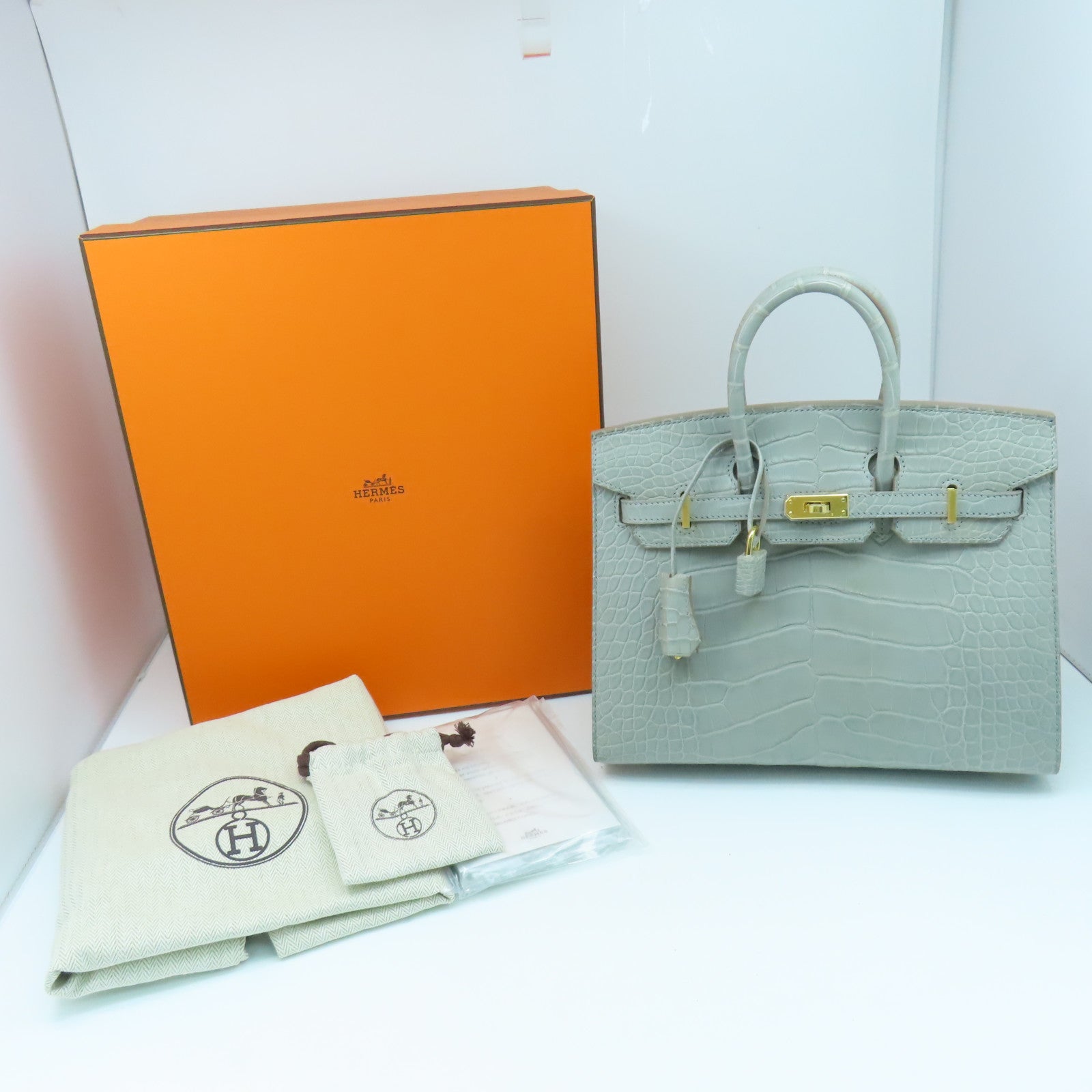 HERMES Alligator Mat皮革Birkin 25 Hand Bag金扣手提袋灰色