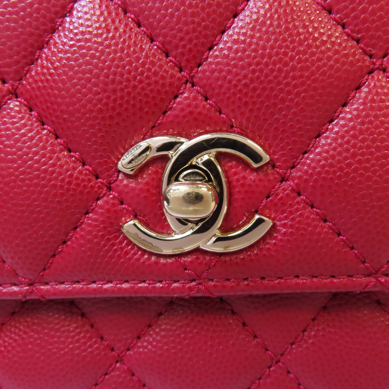 CHANEL 菱格Caviar皮革Small CoCo Handle金扣鏈帶手挽肩背兩用袋紅色