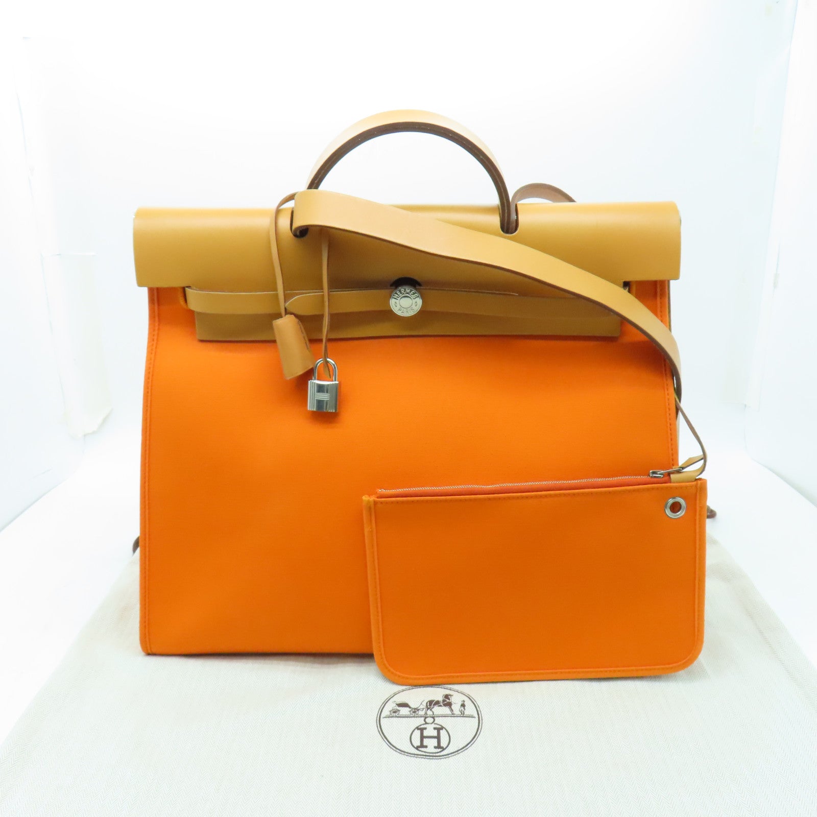 HERMES 【激減優惠】帆布Herbag MM銀扣手挽肩背兩用袋Feu橙色
