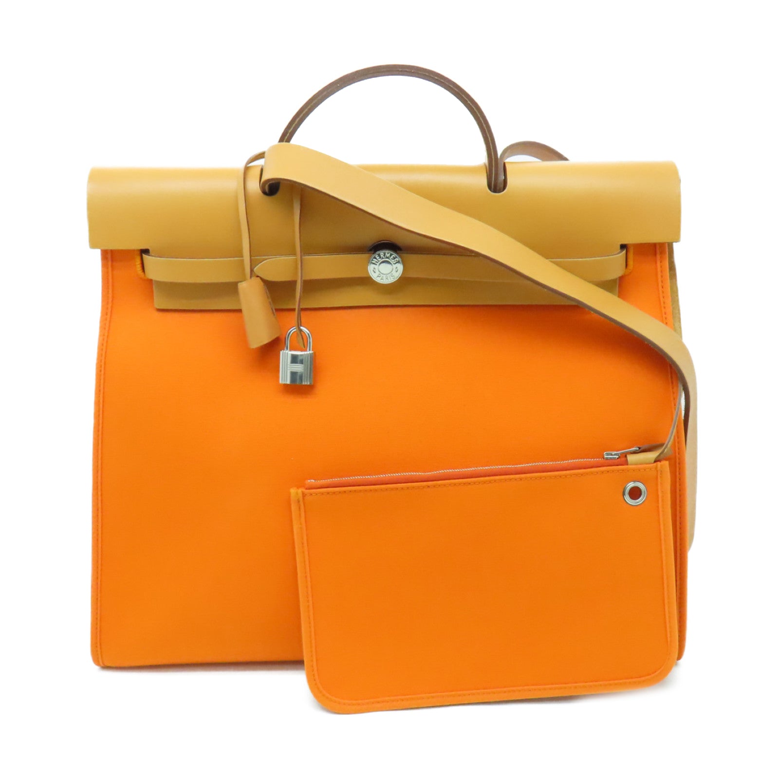 HERMES 【激減優惠】帆布Herbag MM銀扣手挽肩背兩用袋Feu橙色