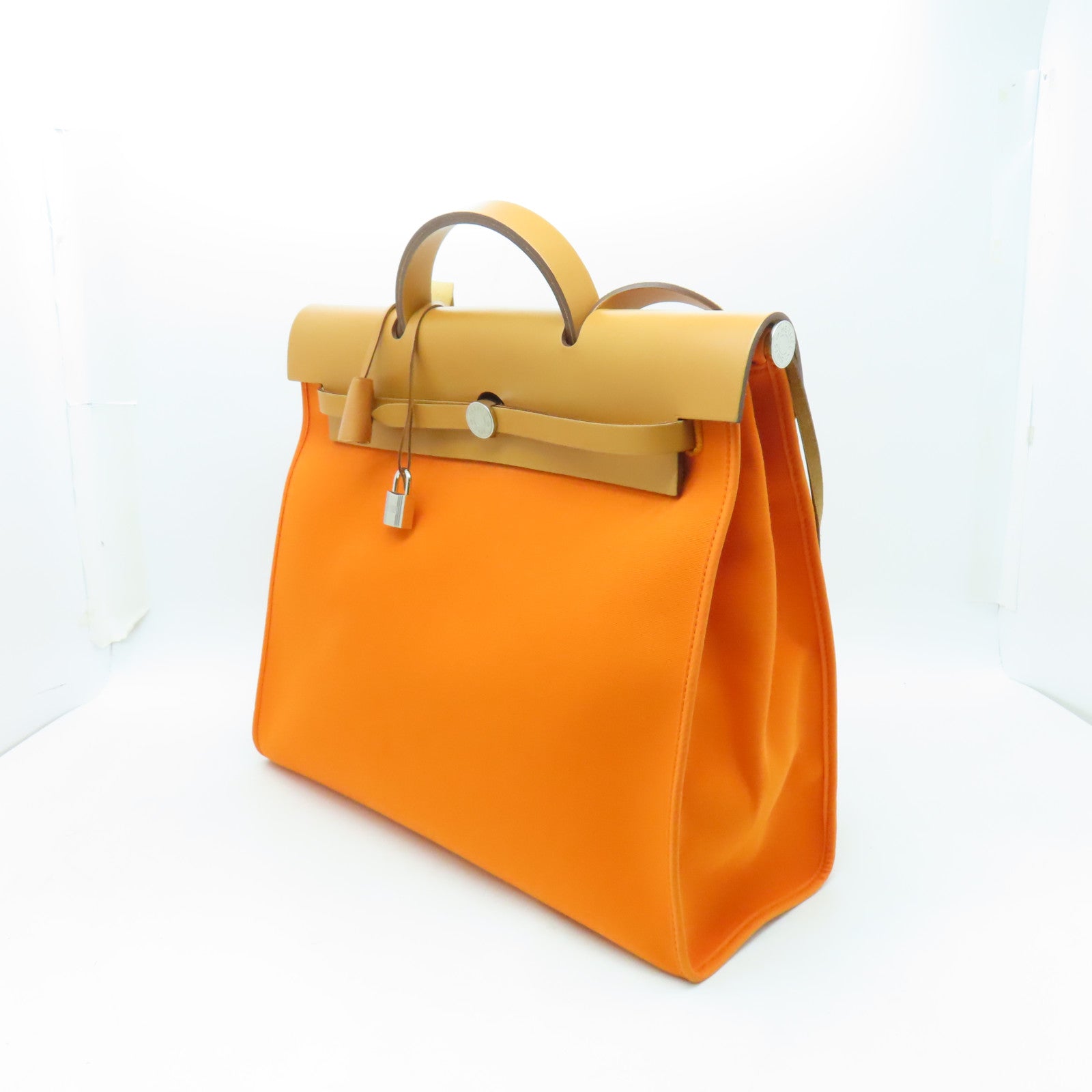 HERMES 【激減優惠】帆布Herbag MM銀扣手挽肩背兩用袋Feu橙色