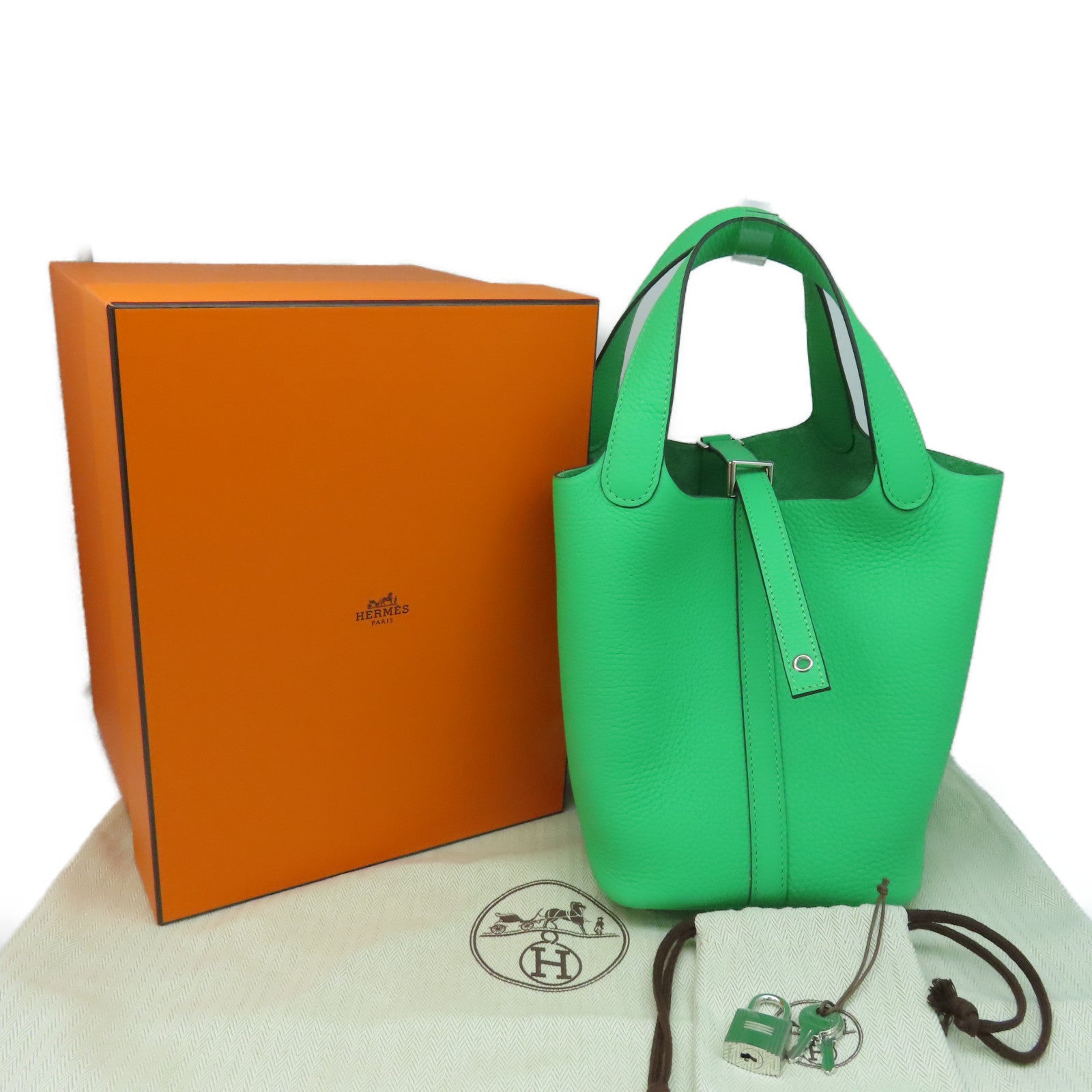 HERMES Clemence皮革Picotin PM银扣手挽袋Vert Comics绿色