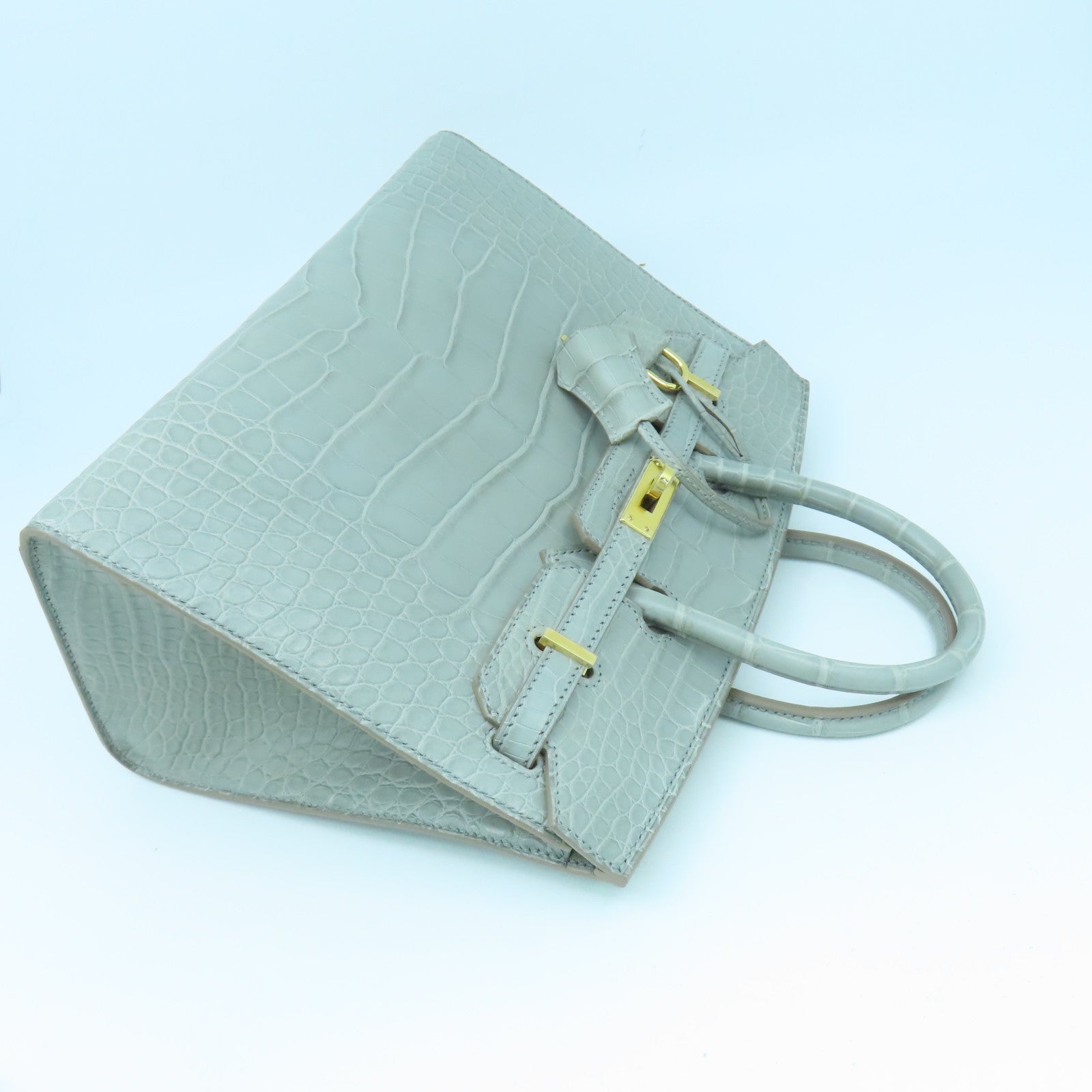 HERMES Alligator Mat皮革Birkin 25 Hand Bag金扣手提袋灰色