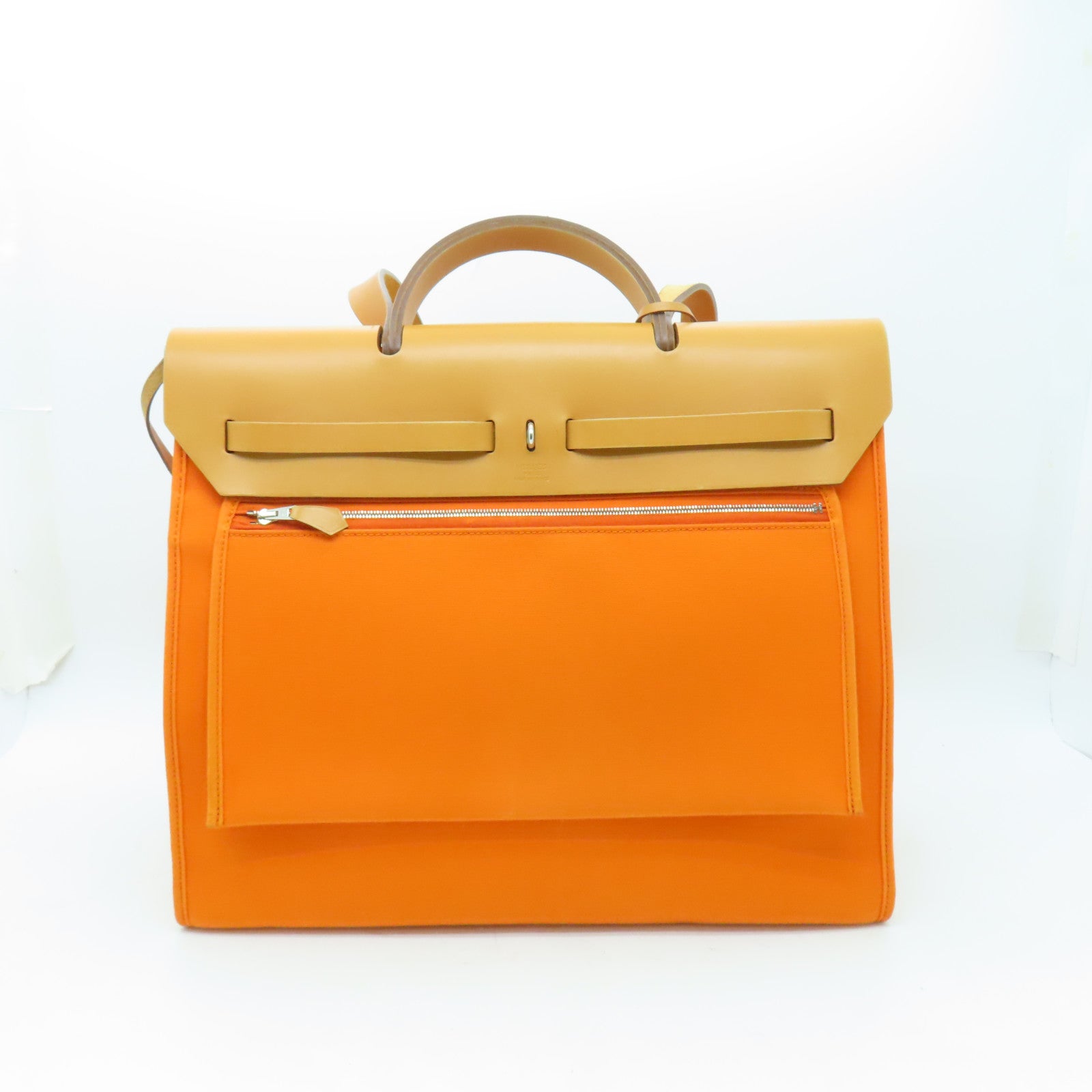 HERMES 【激減優惠】帆布Herbag MM銀扣手挽肩背兩用袋Feu橙色