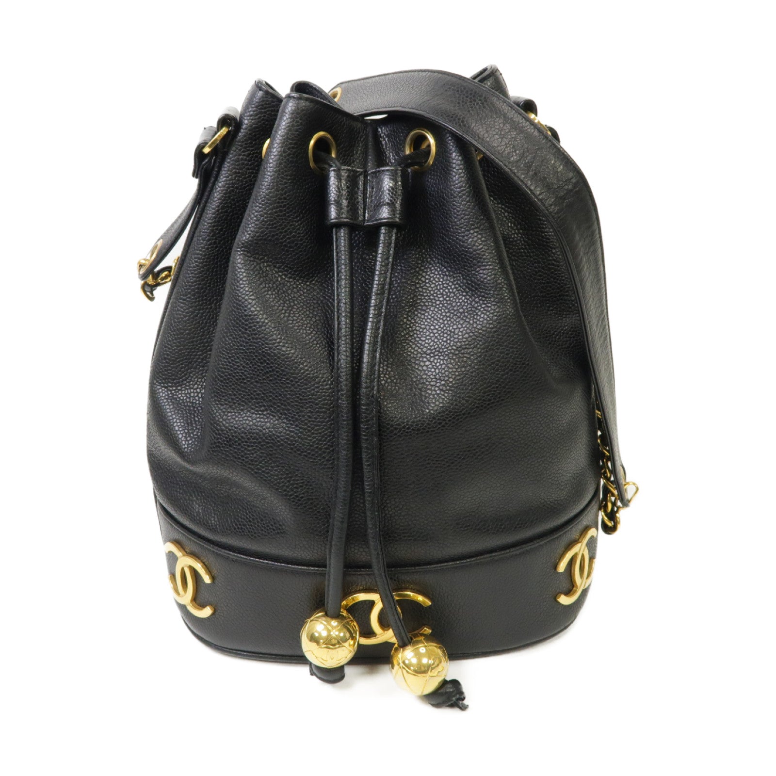 CHANEL Caviar皮革Vintage Bucket金扣鏈帶肩背袋黒色