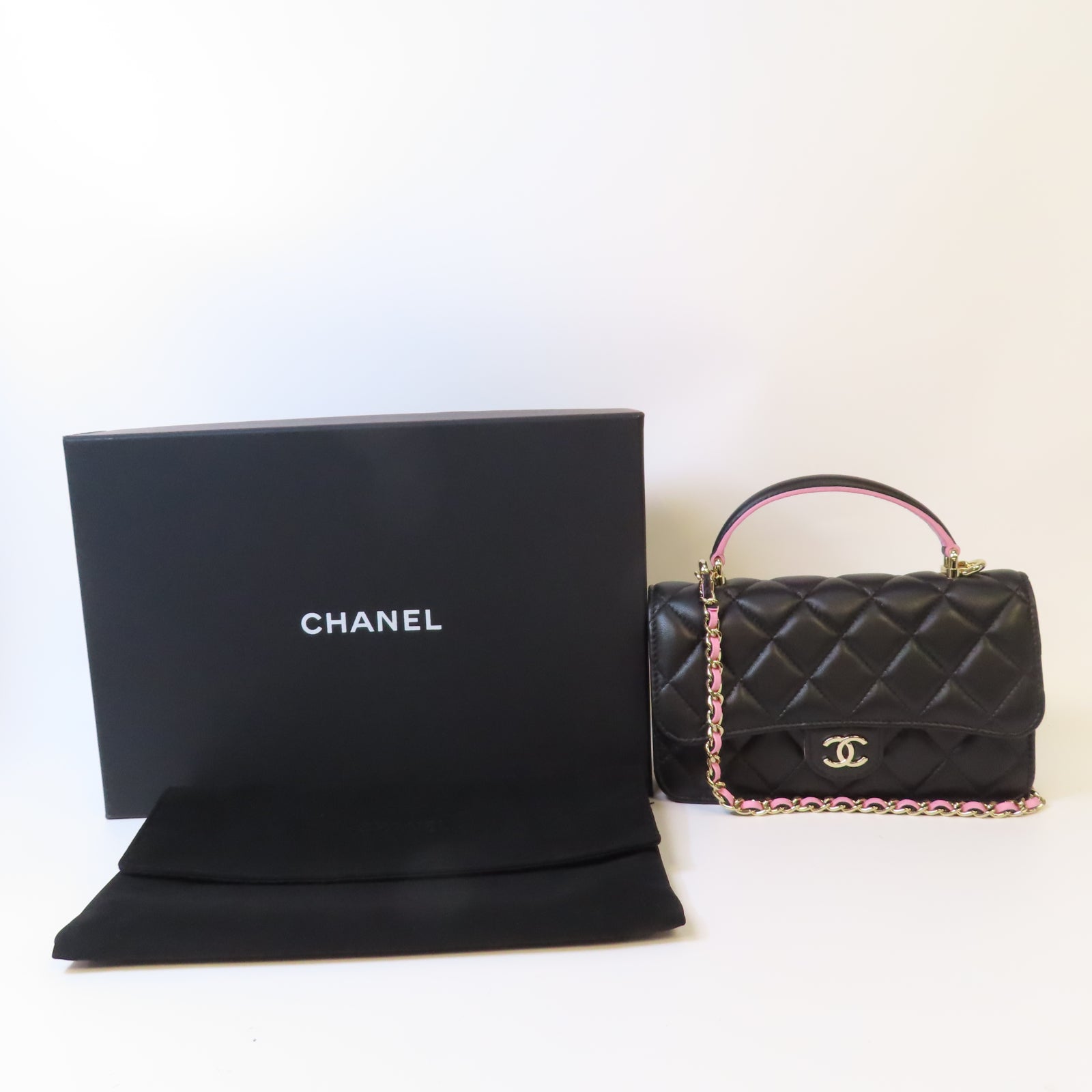 CHANEL 菱格羊皮皮革Chain Shoulder金扣鏈帶手挽肩背兩用袋黑色/粉紅色