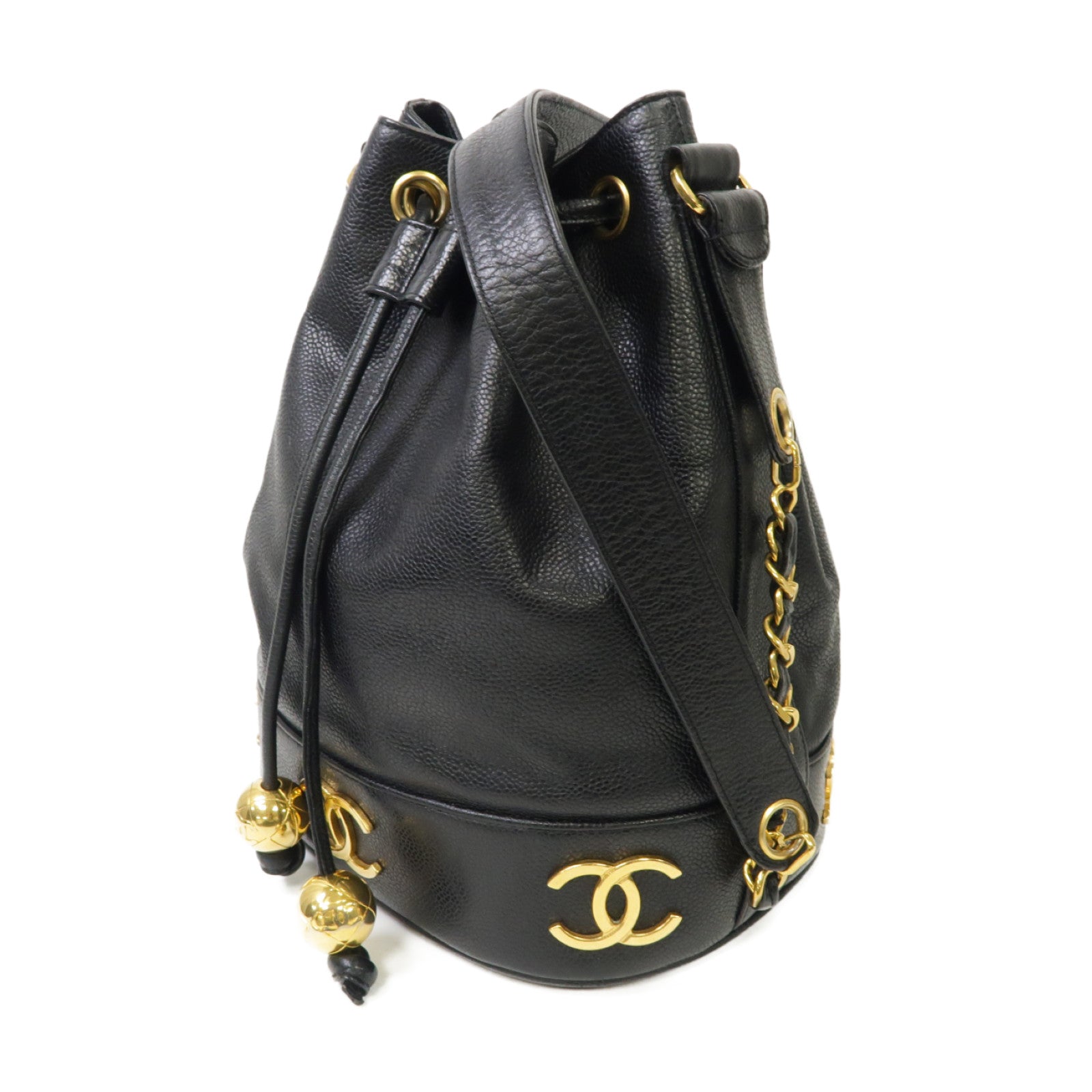 CHANEL Caviar皮革Vintage Bucket金扣鏈帶肩背袋黒色