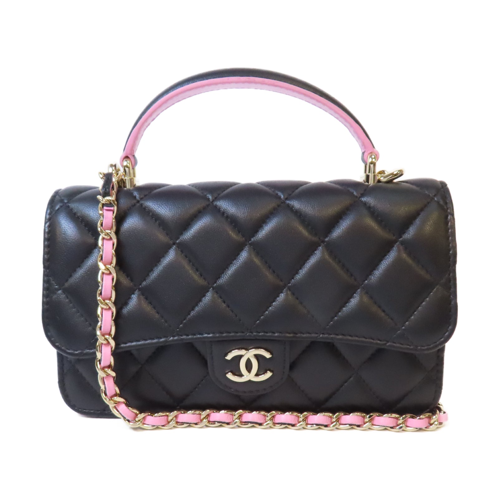 CHANEL 菱格羊皮皮革Chain Shoulder金扣鏈帶手挽肩背兩用袋黑色/粉紅色