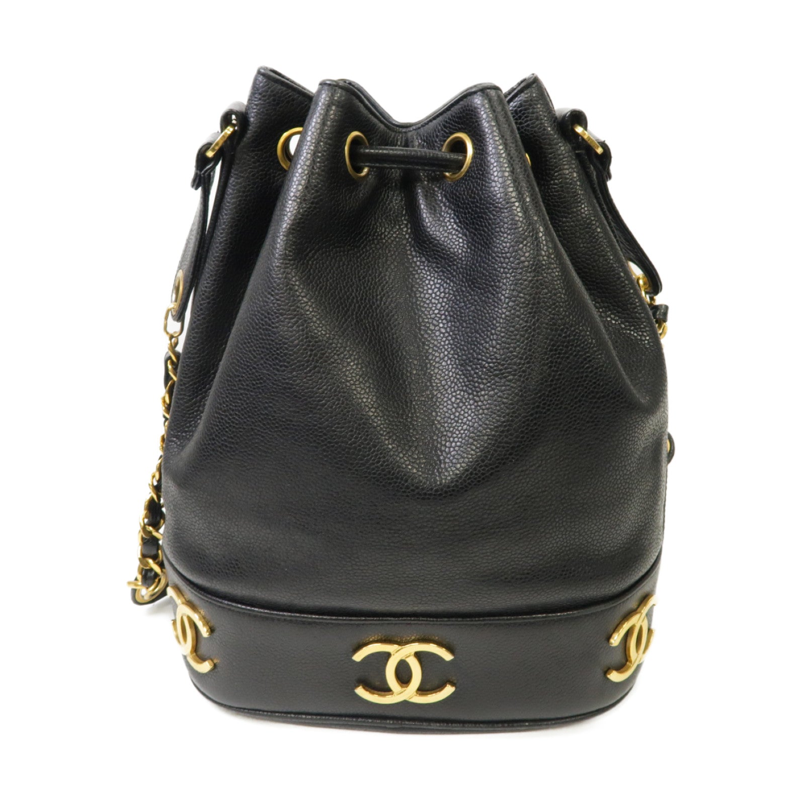 CHANEL Caviar皮革Vintage Bucket金扣鏈帶肩背袋黒色