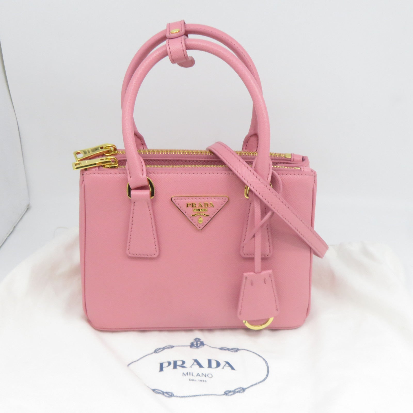PRADA 牛皮皮革Saffiano Lux金扣手挽肩背兩用袋粉紅色