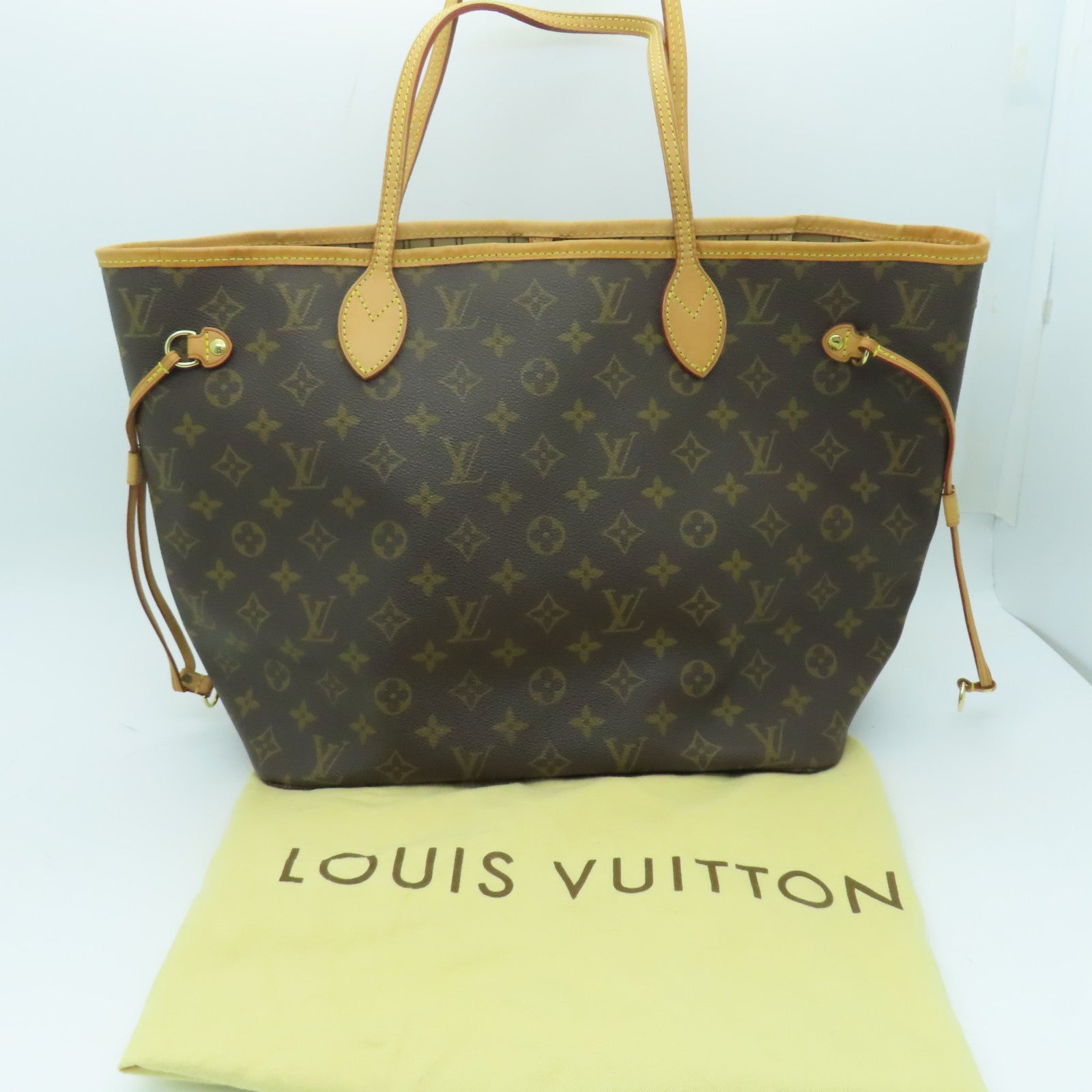 LOUIS VUITTON Monogram Neverfull MM gold buckle handle bag brown
