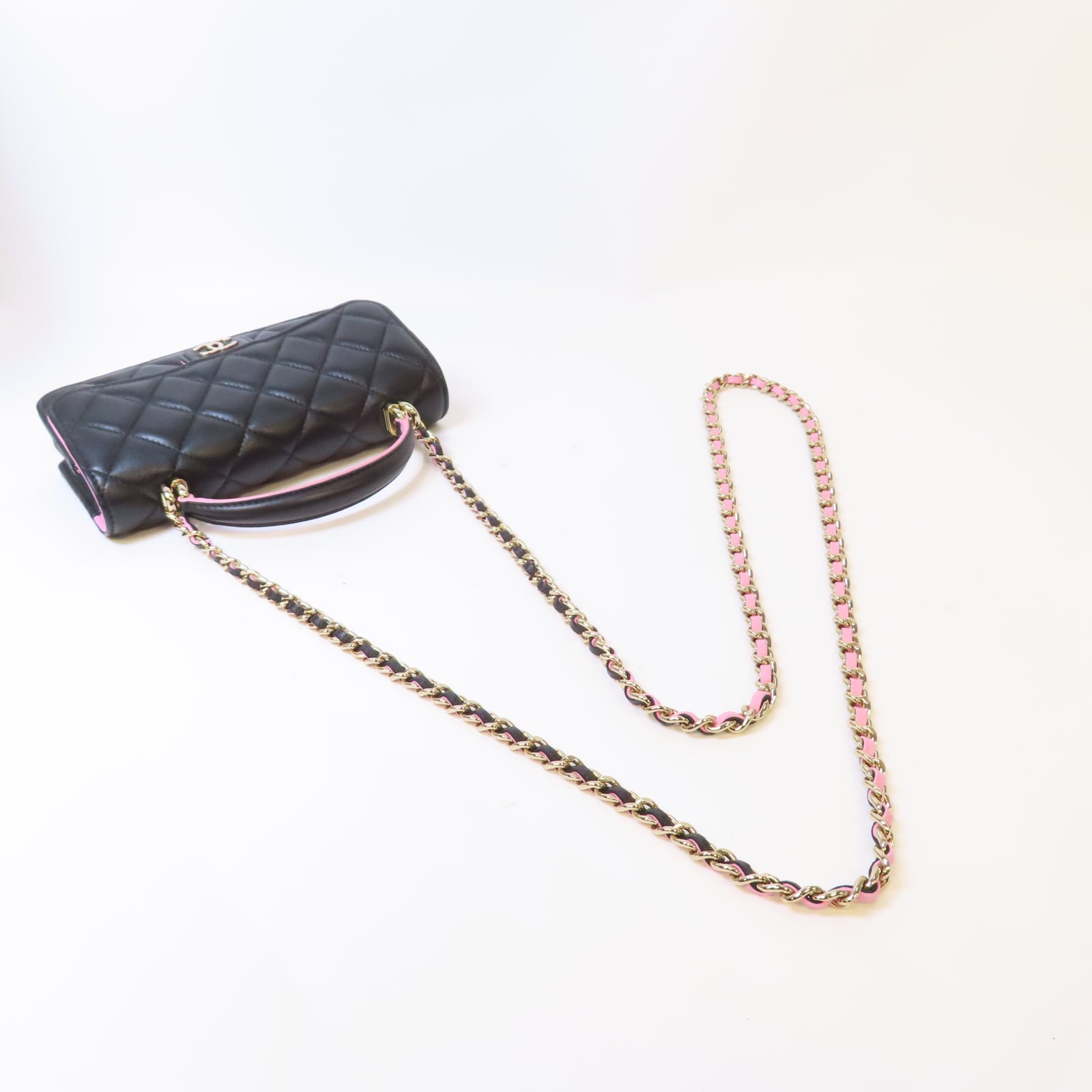 CHANEL 菱格羊皮皮革Chain Shoulder金扣鏈帶手挽肩背兩用袋黑色/粉紅色