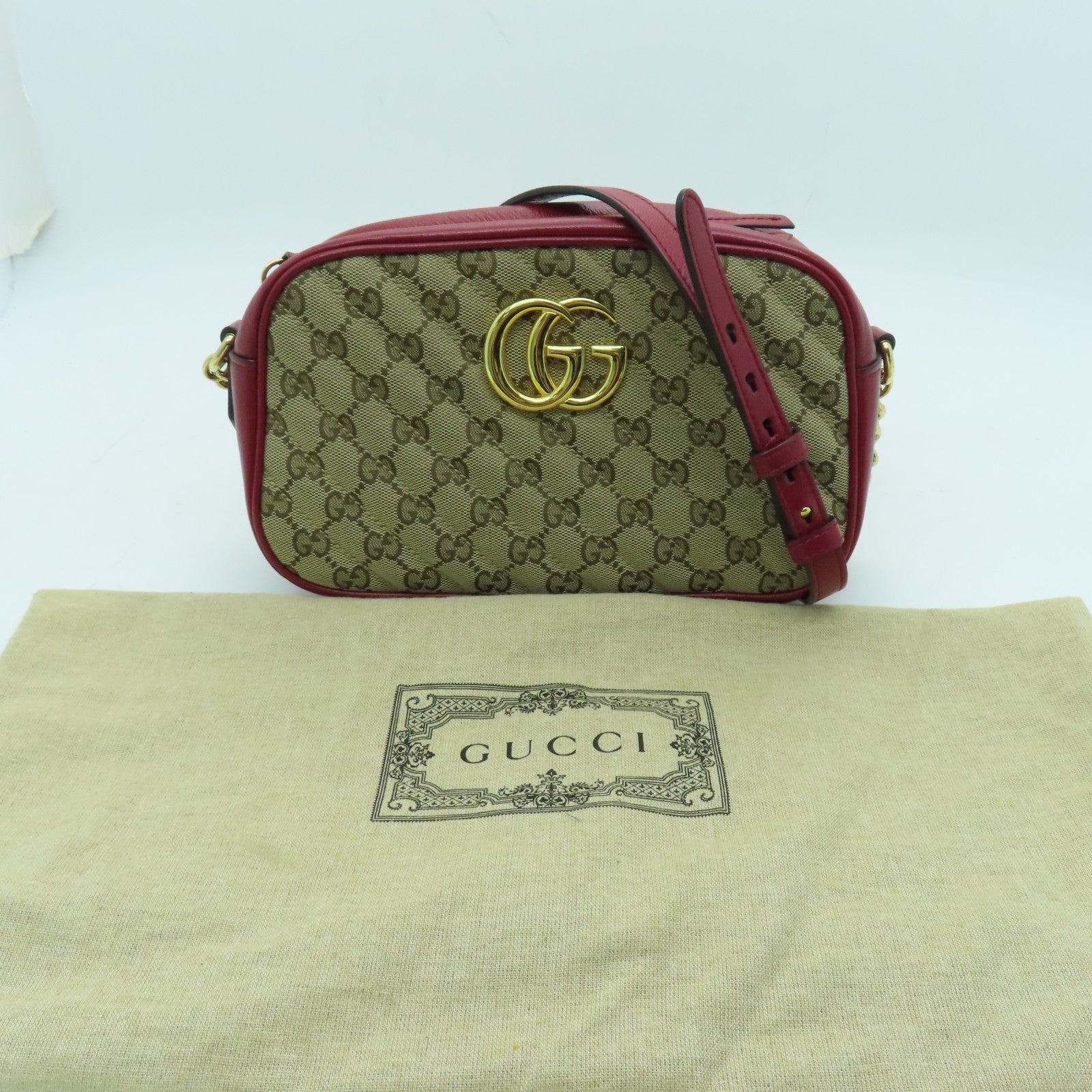 GUCCI Canvas GG Marmont Gold Buckle Shoulder Bag Red/Brown