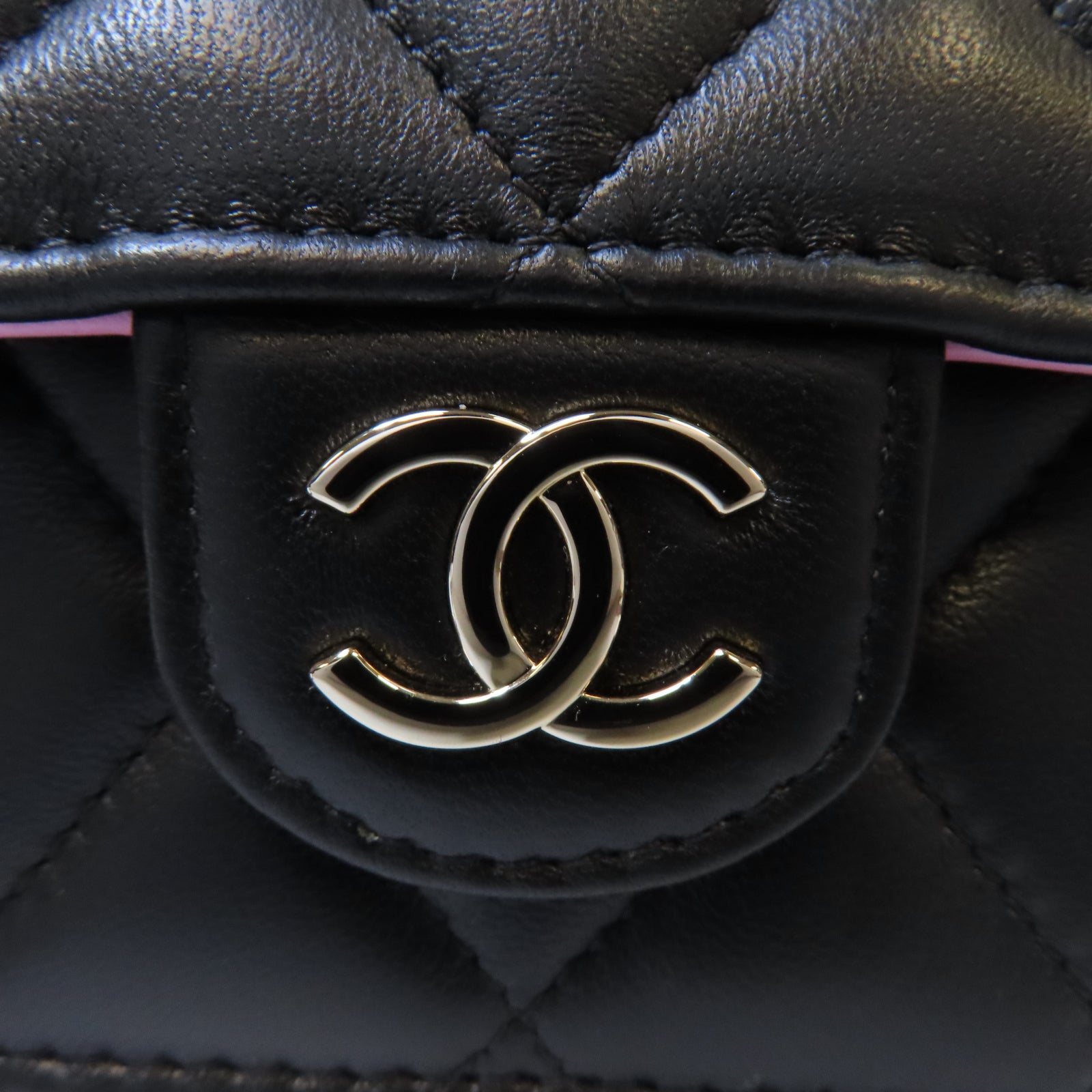 CHANEL 菱格羊皮皮革Chain Shoulder金扣鏈帶手挽肩背兩用袋黑色/粉紅色