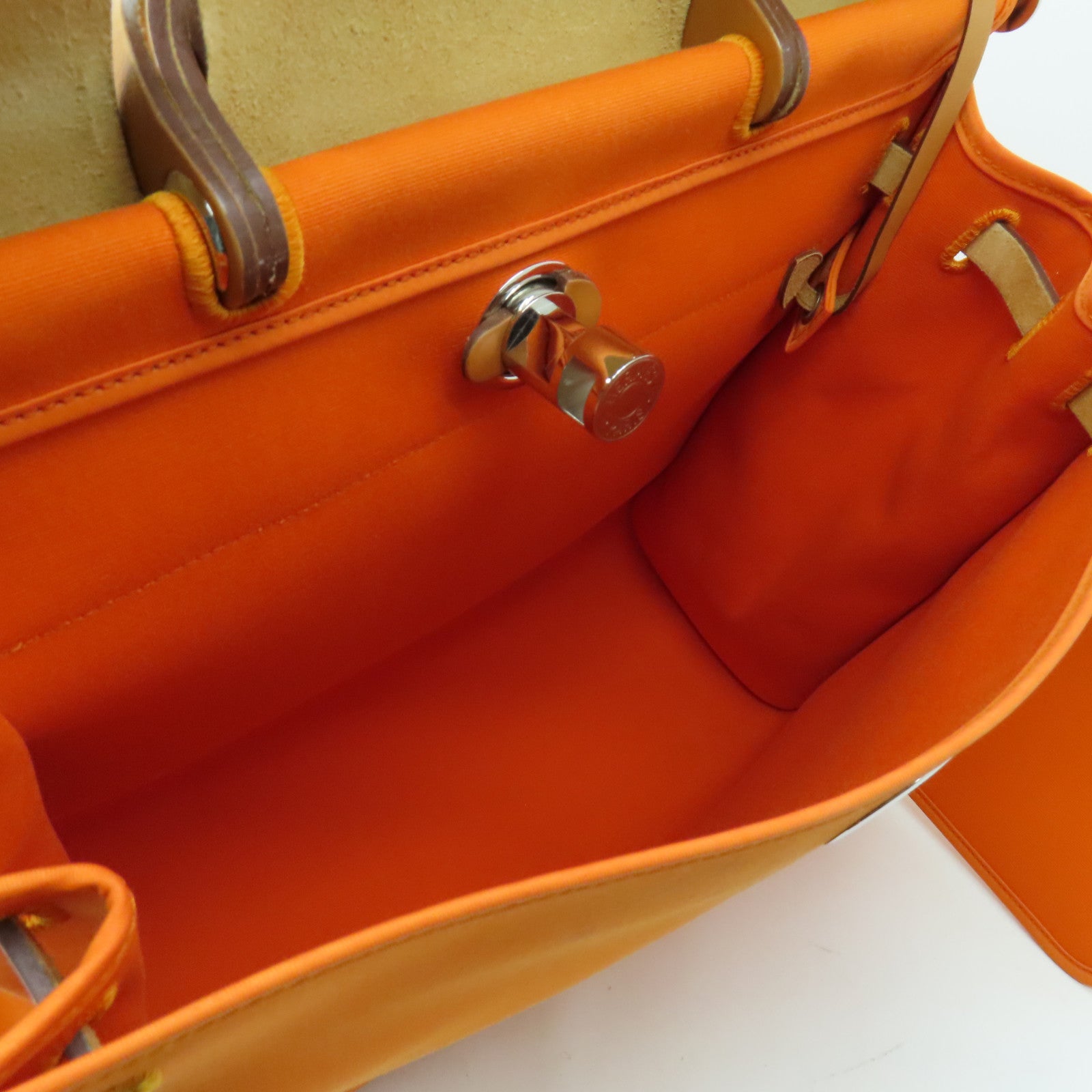 HERMES 【激減優惠】帆布Herbag MM銀扣手挽肩背兩用袋Feu橙色
