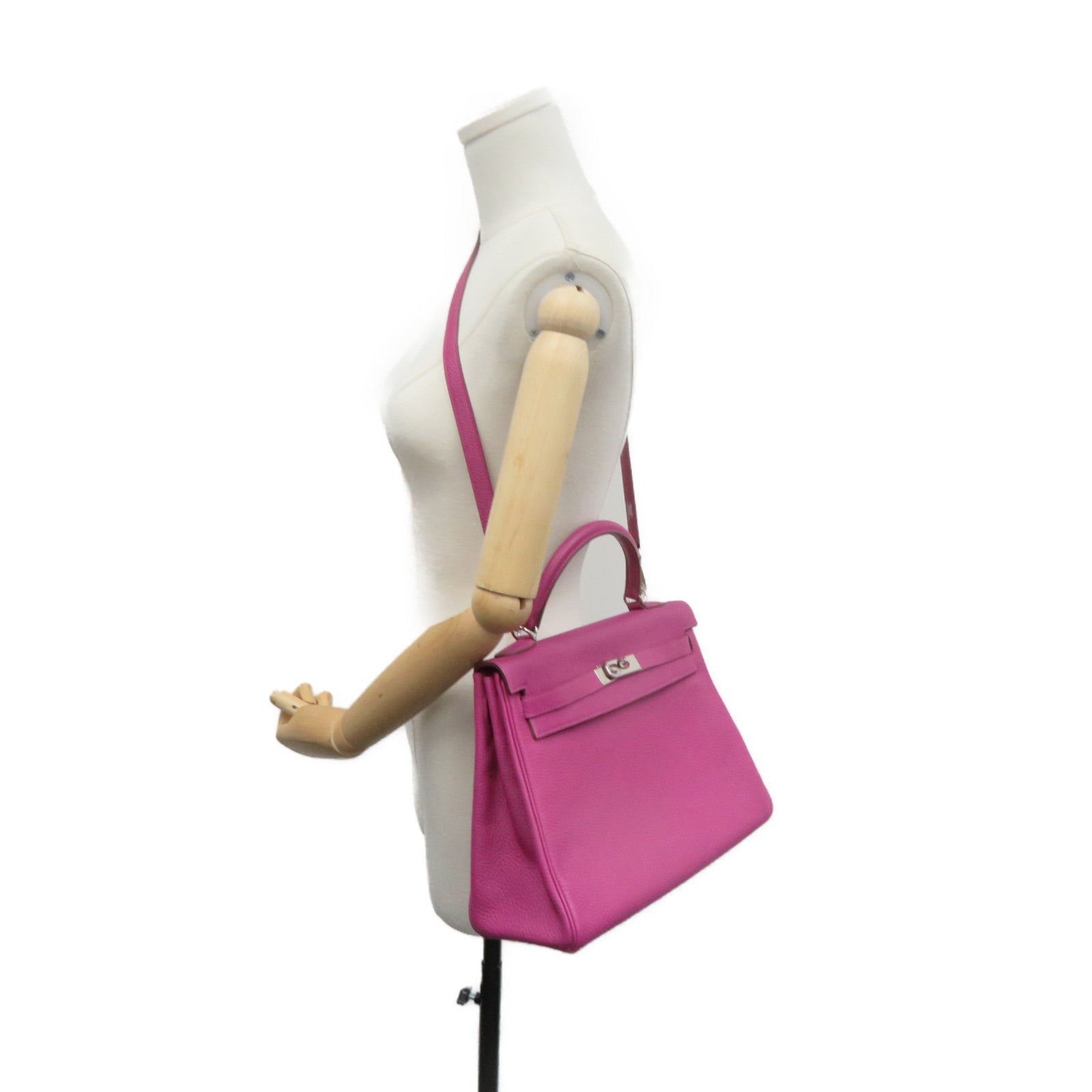 HERMES Togo Leather Kelly 32 2Way Hand Bag Silver Buckle Handle Shoulder Backpack Tosca Fuchsia